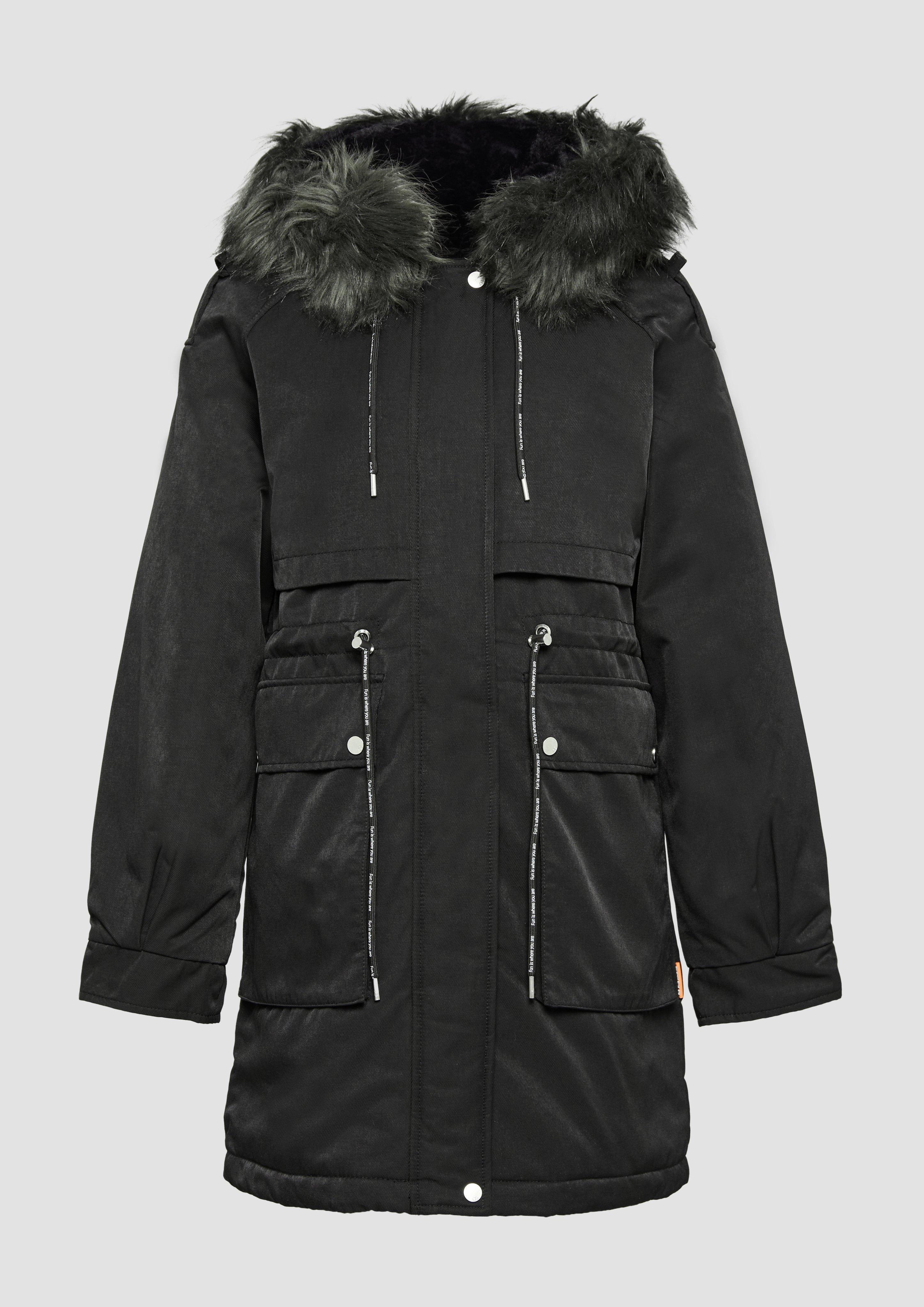 QS - Gefütterter Parka mit abnehmbarem Kunstfell, Damen, schwarz