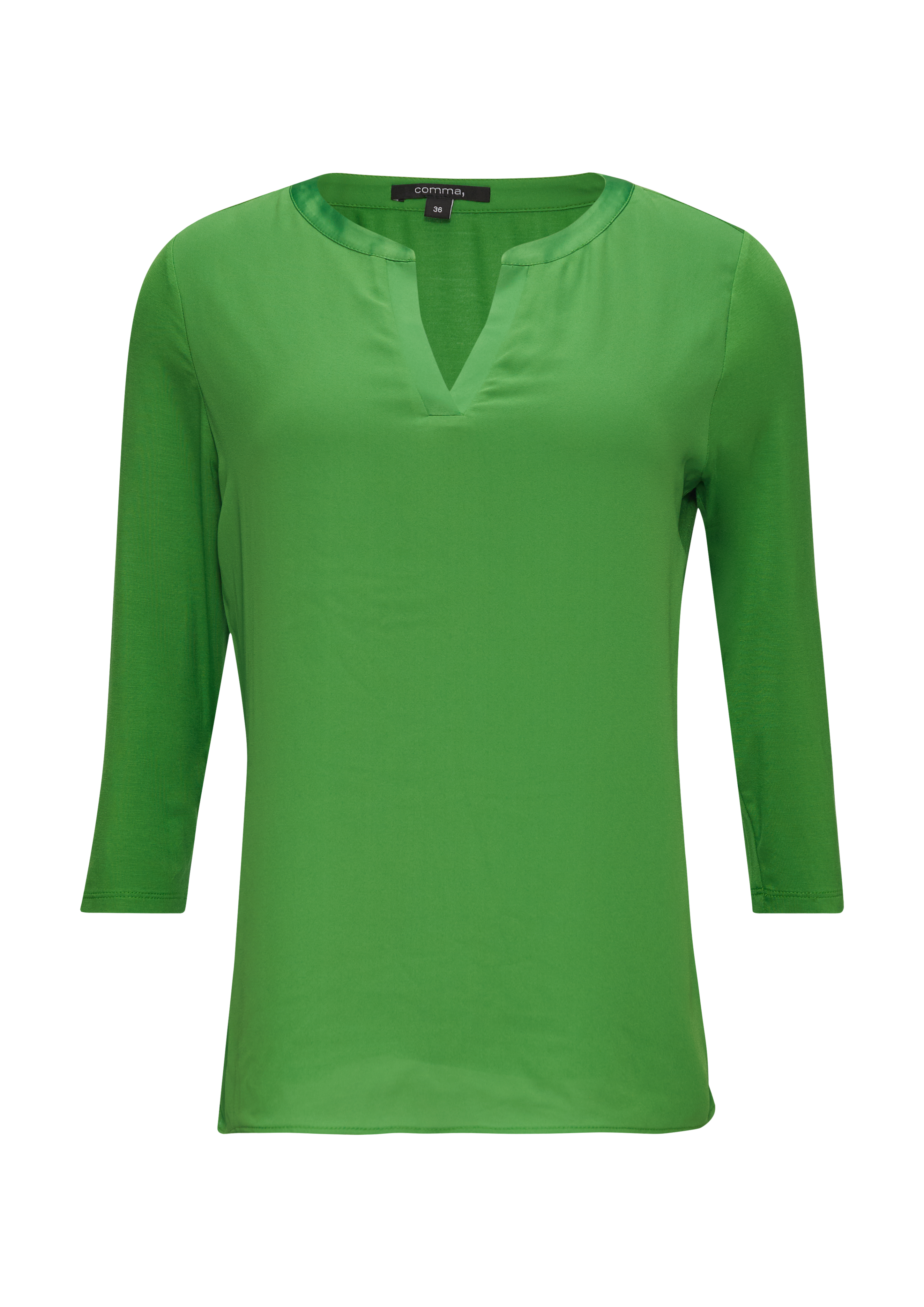 Long sleeve top with a notch neckline and satin trim - Green