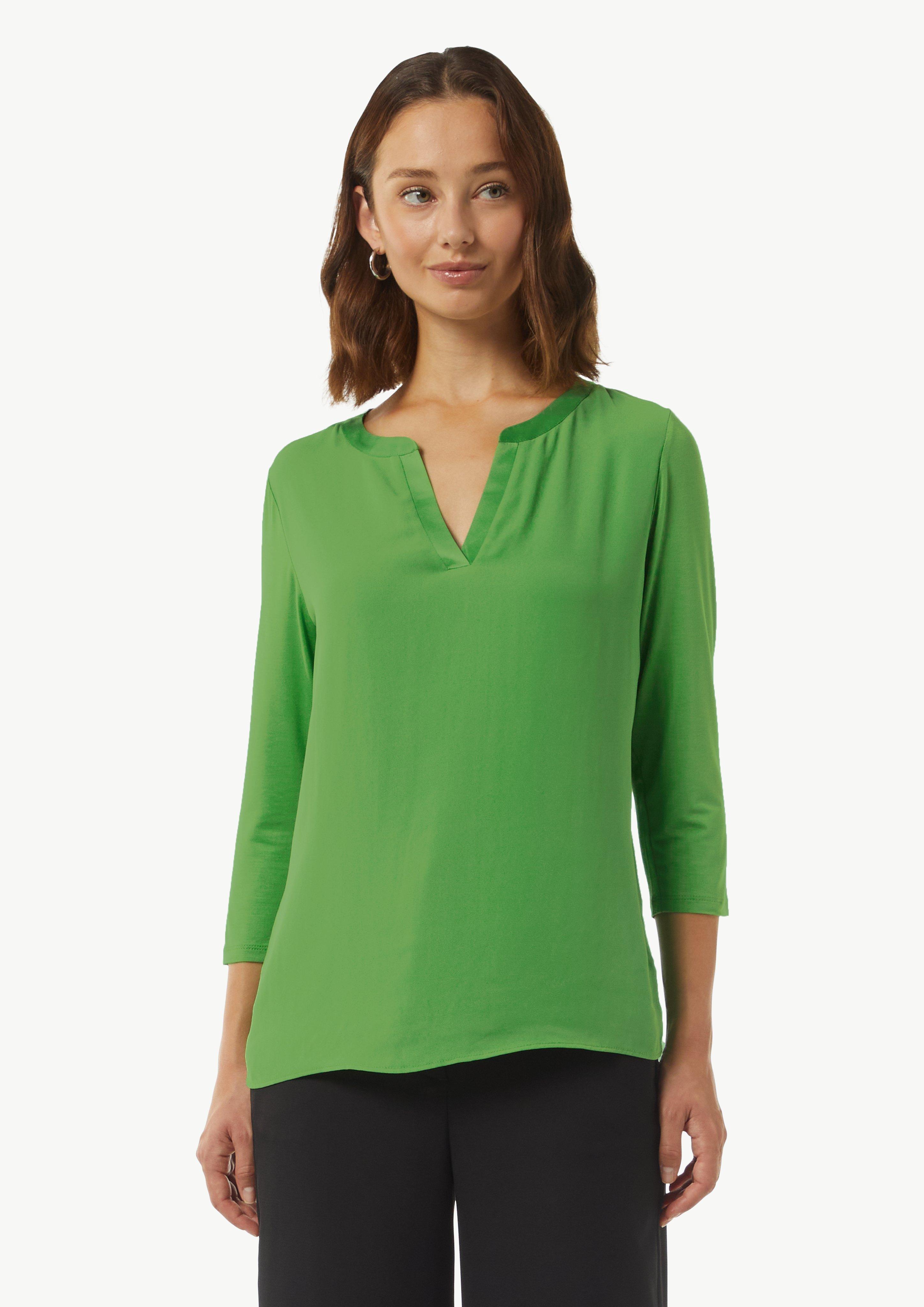 Long sleeve top with a notch neckline and satin trim - green Long sleeve top with a notch neckline and satin trim - green