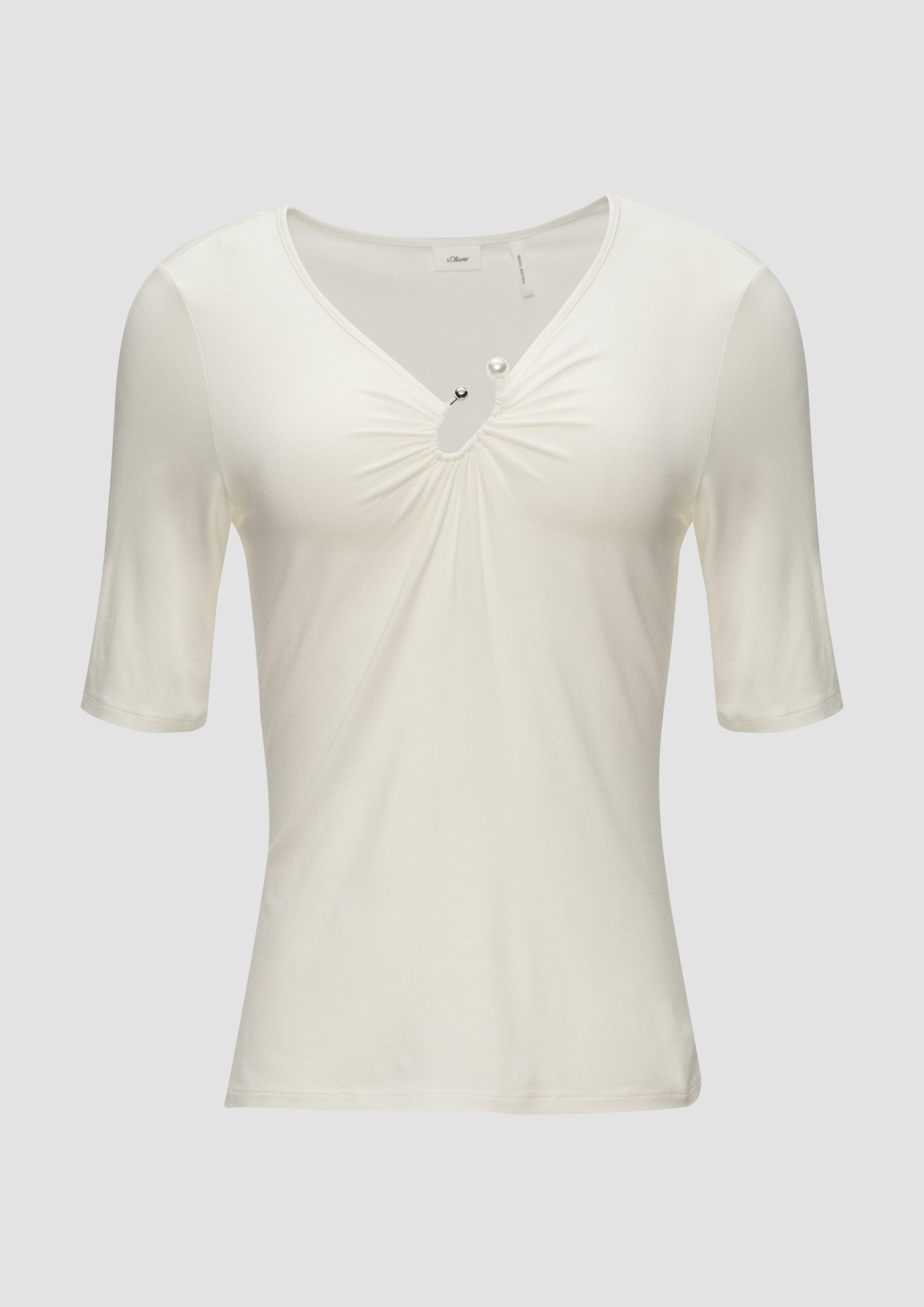 s.Oliver - T-Shirt mit Schmuckdetail, Damen, creme