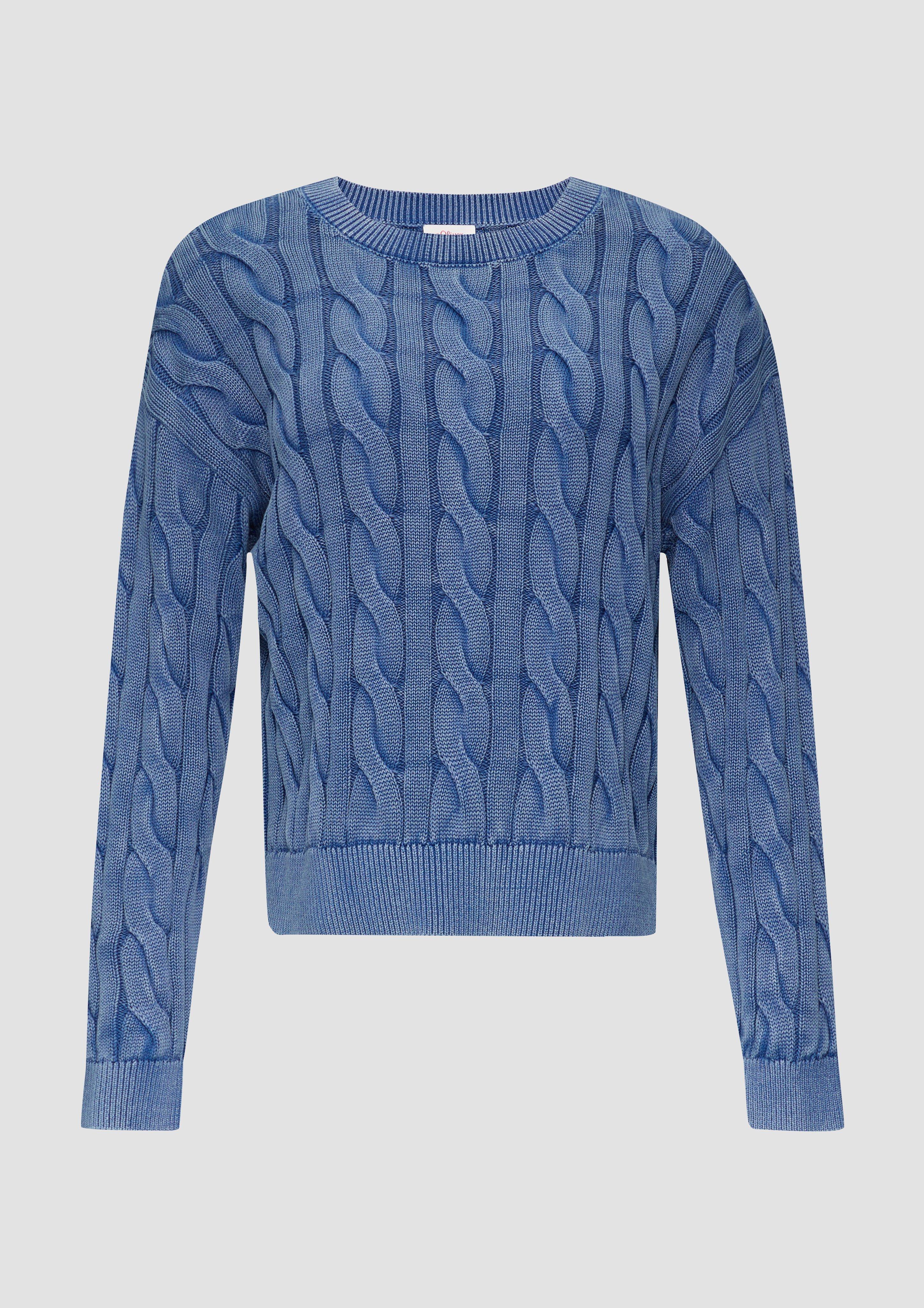 s.Oliver - Pullover mit Zopfstrickmuster und Garment Dye, Damen, blau