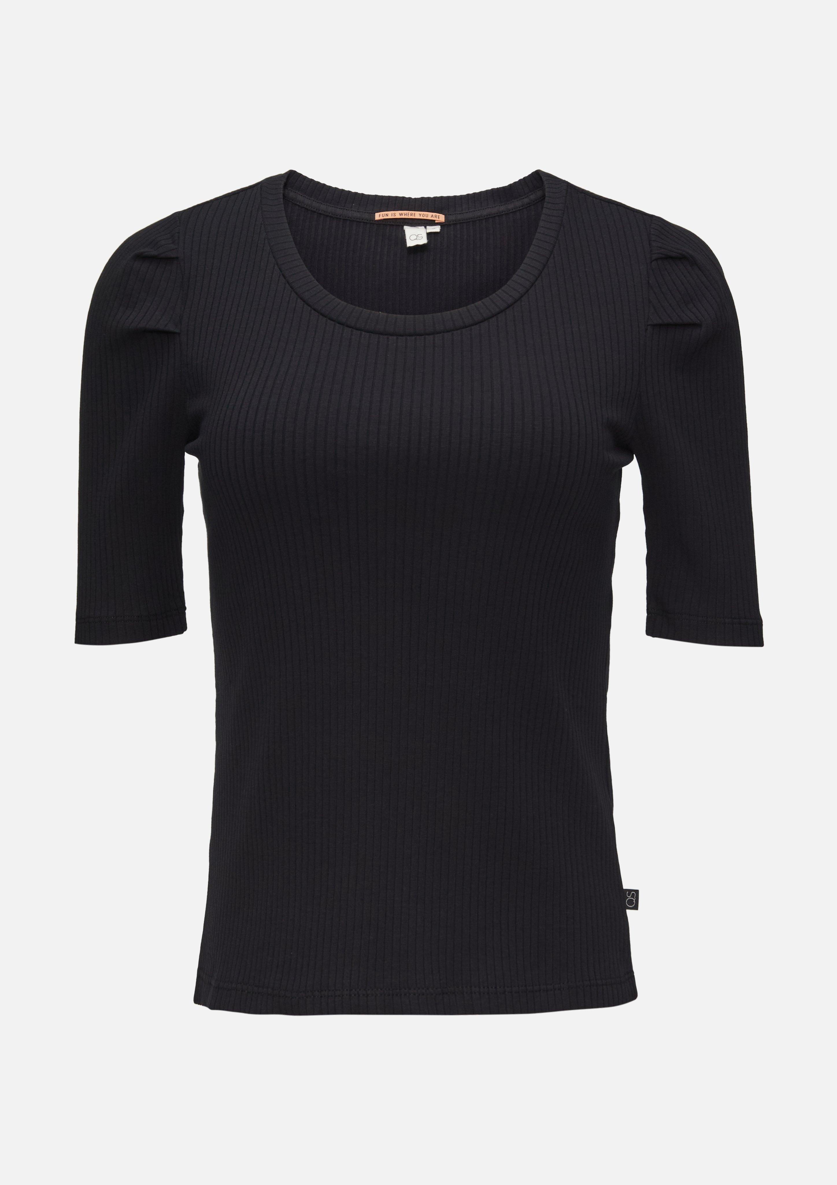 QS - Rippshirt mit Puffärmel, Damen, schwarz