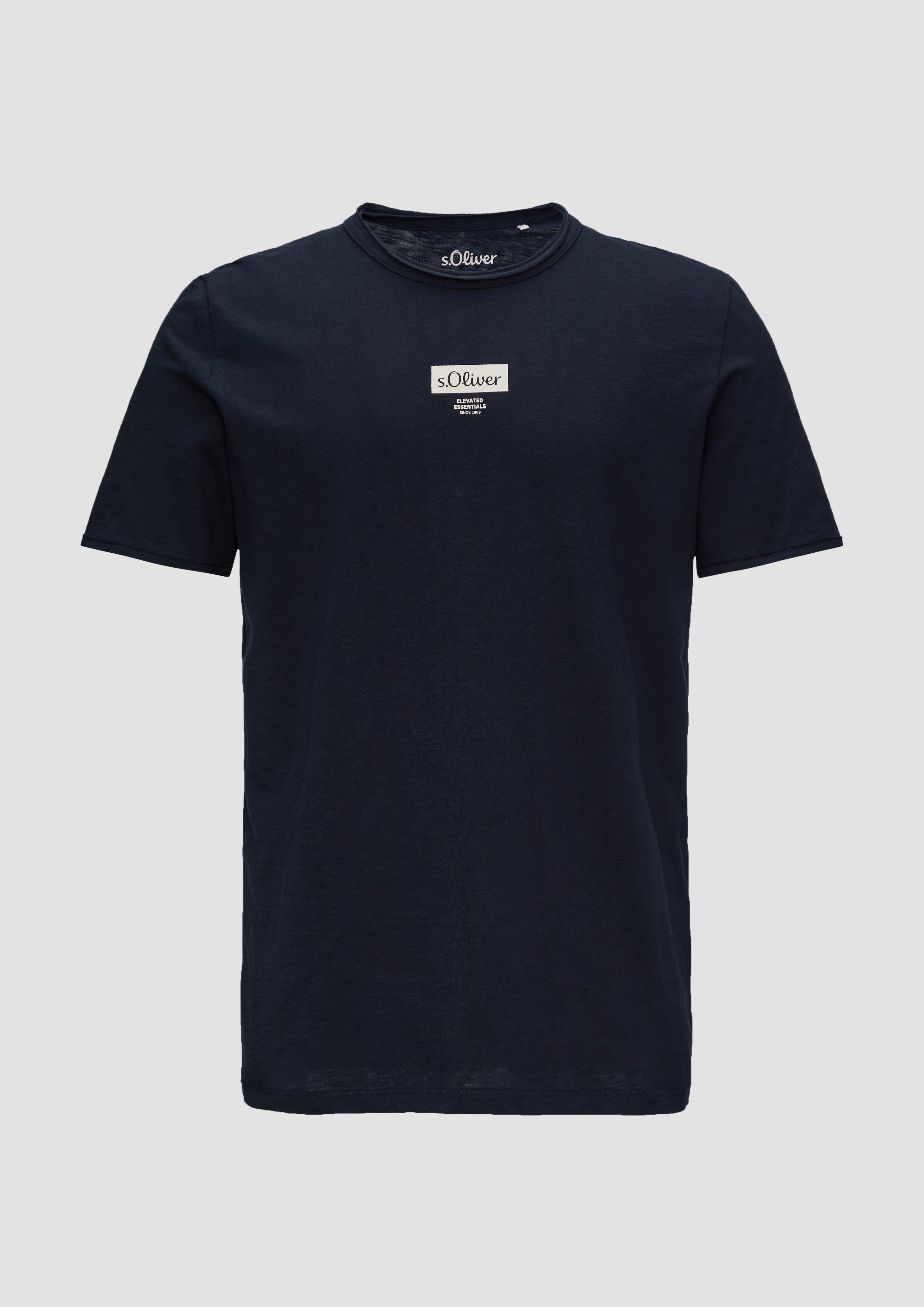 s.Oliver - Logo-Shirt mit Rollkante und Flammgarnstruktur, Herren, blau