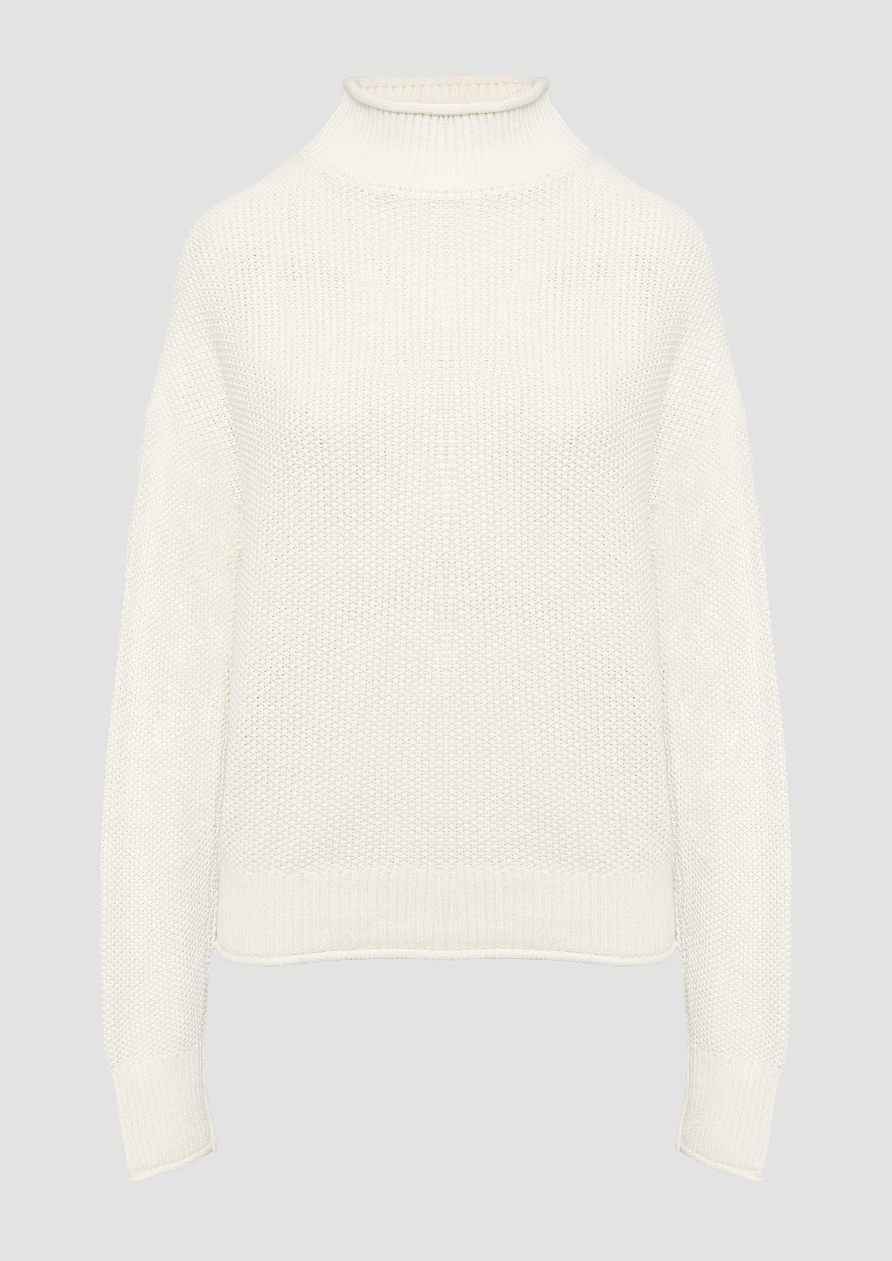 QS - Loose Fit Strickpullover mit Stehkragen aus Baumwollmix, Damen, creme
