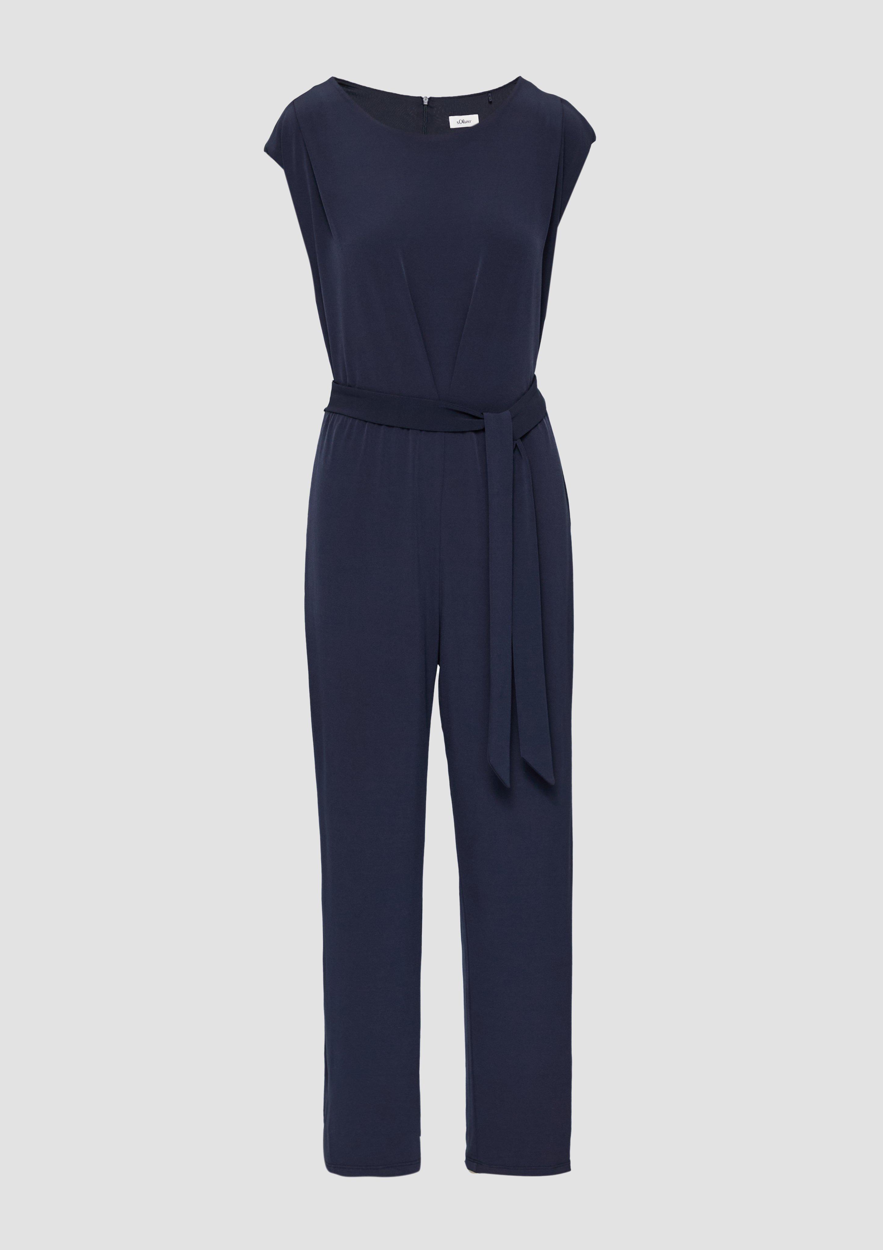 s.Oliver - Fließender Jersey-Jumpsuit mit Falte und Bindegürtel, Damen, blau