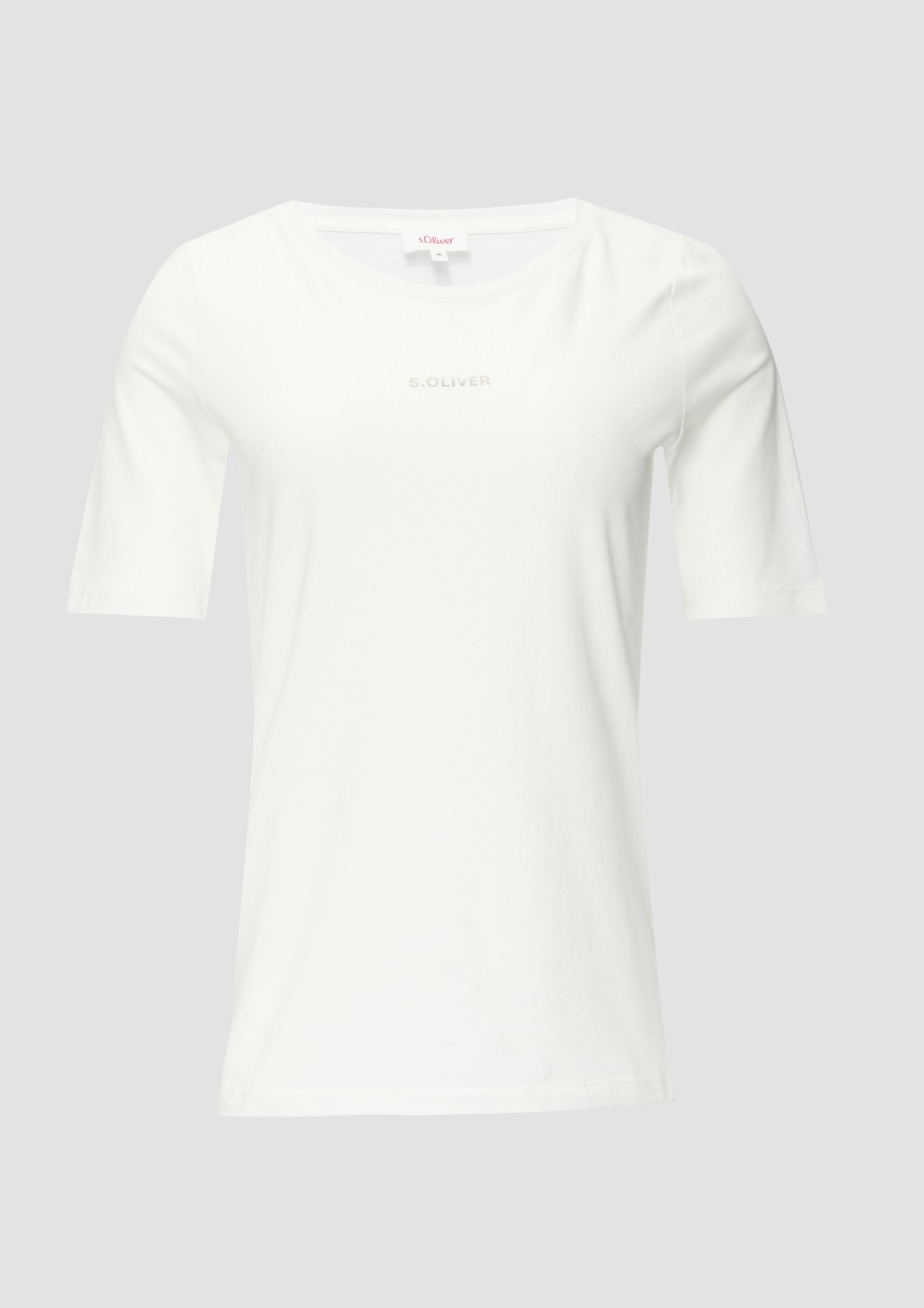 s.Oliver - Elastisches T-Shirt mit Label-Print, Damen, creme