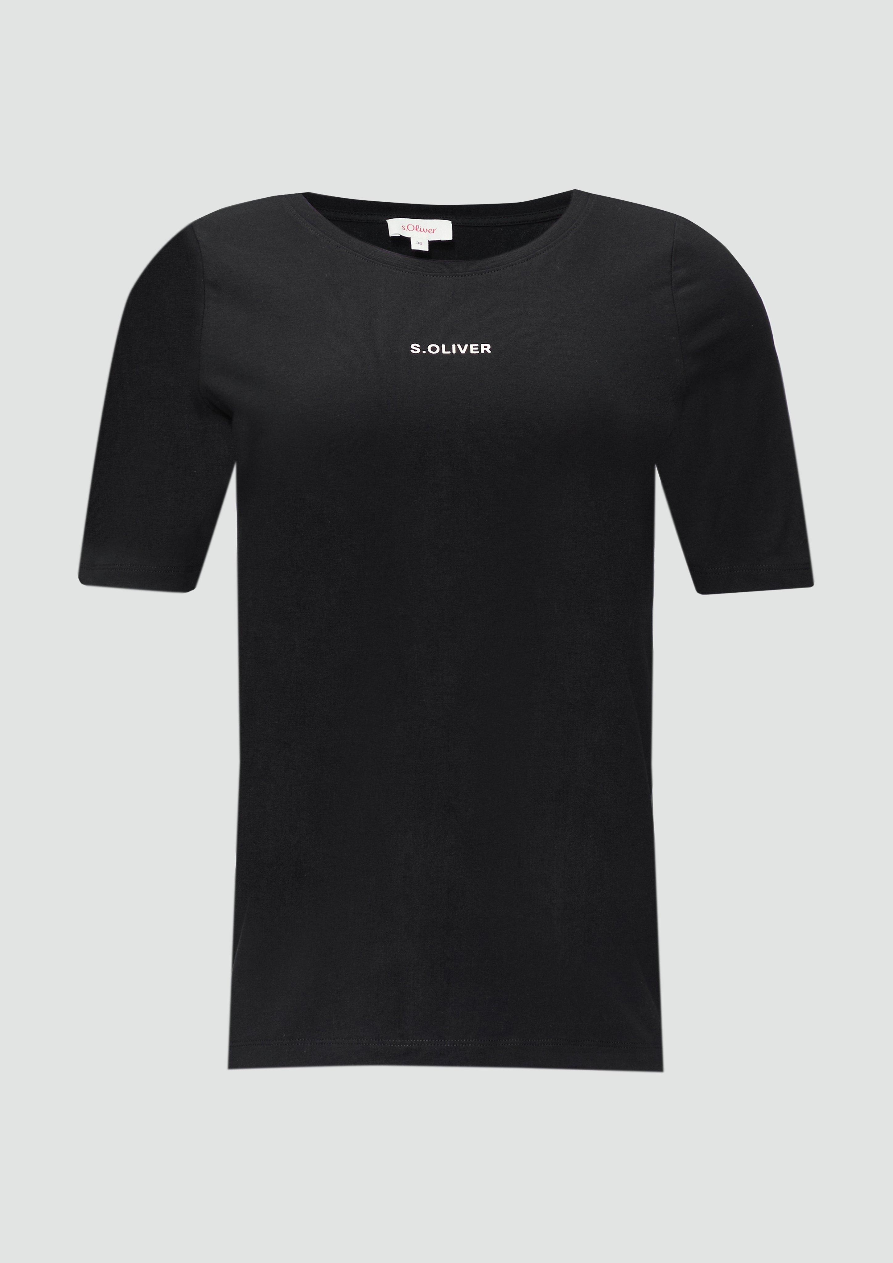 s.Oliver - Elastisches T-Shirt mit Logo-Print, Damen, schwarz