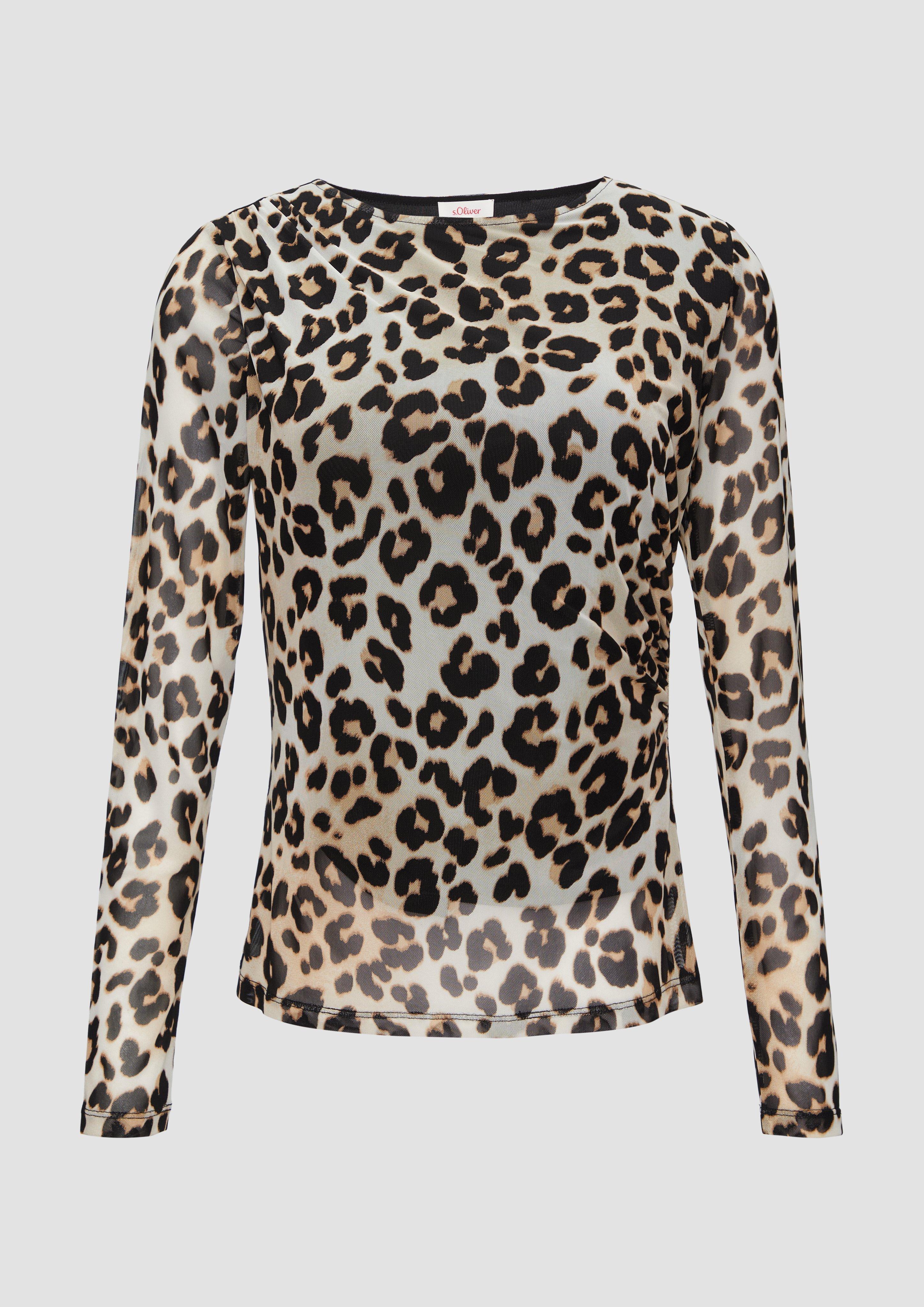 s.Oliver - Mesh-Shirt mit asymmetrischer Raffung und Leo-Print, Damen, creme