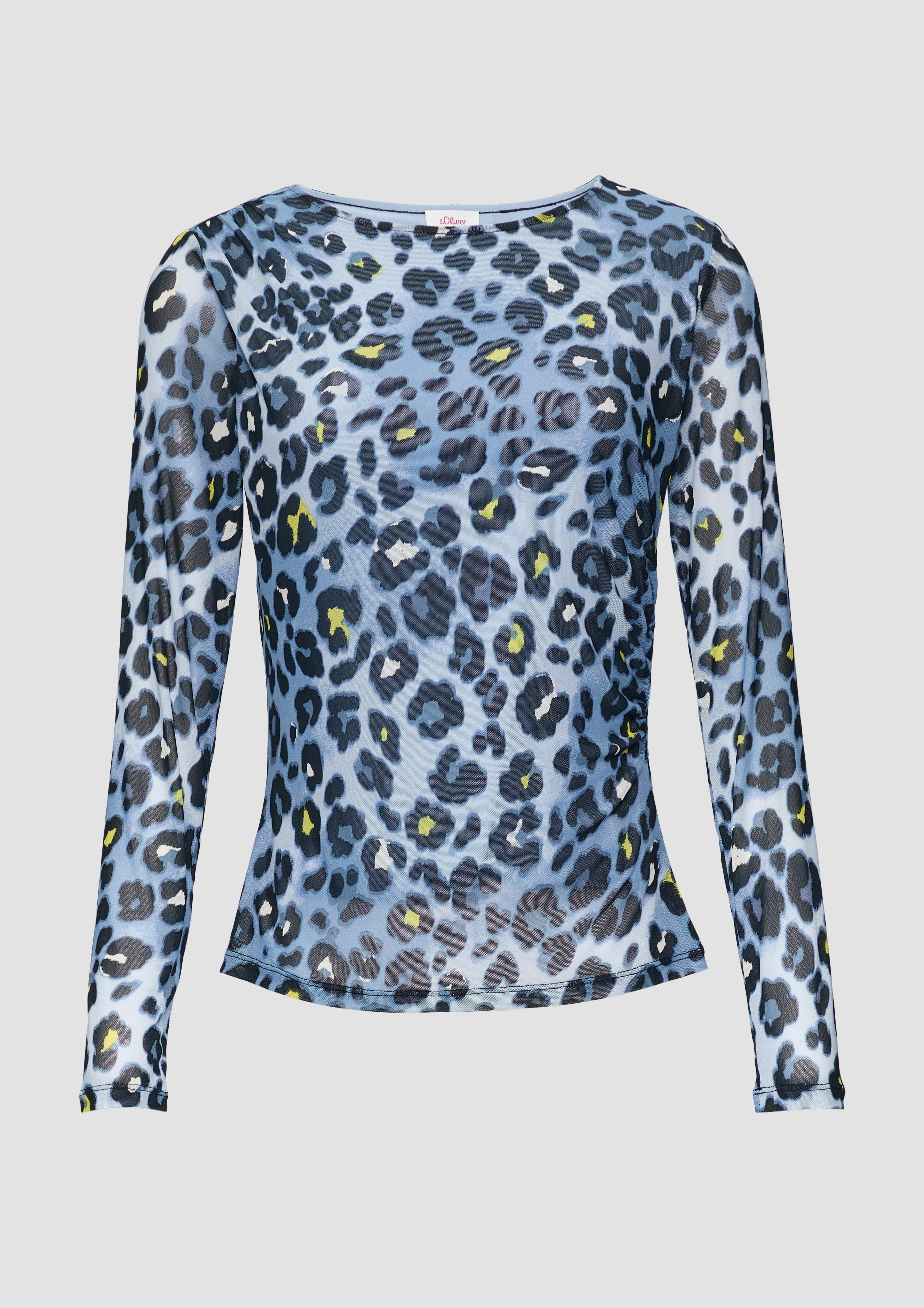 s.Oliver - Mesh-Shirt mit asymmetrischer Raffung und Leo-Print, Damen, blau