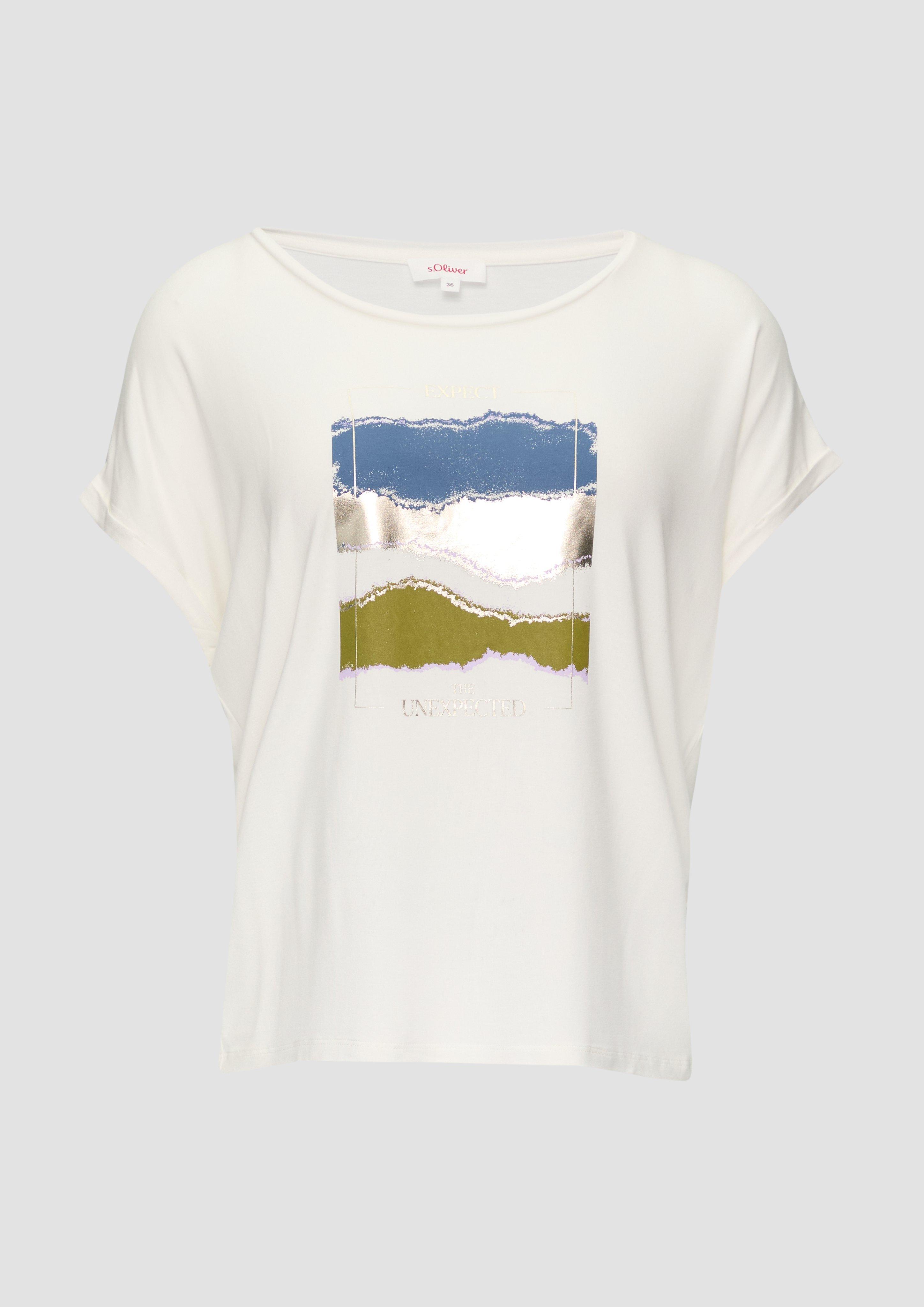 s.Oliver - T-Shirt aus Viskosestretch mit Frontprint, Damen, creme