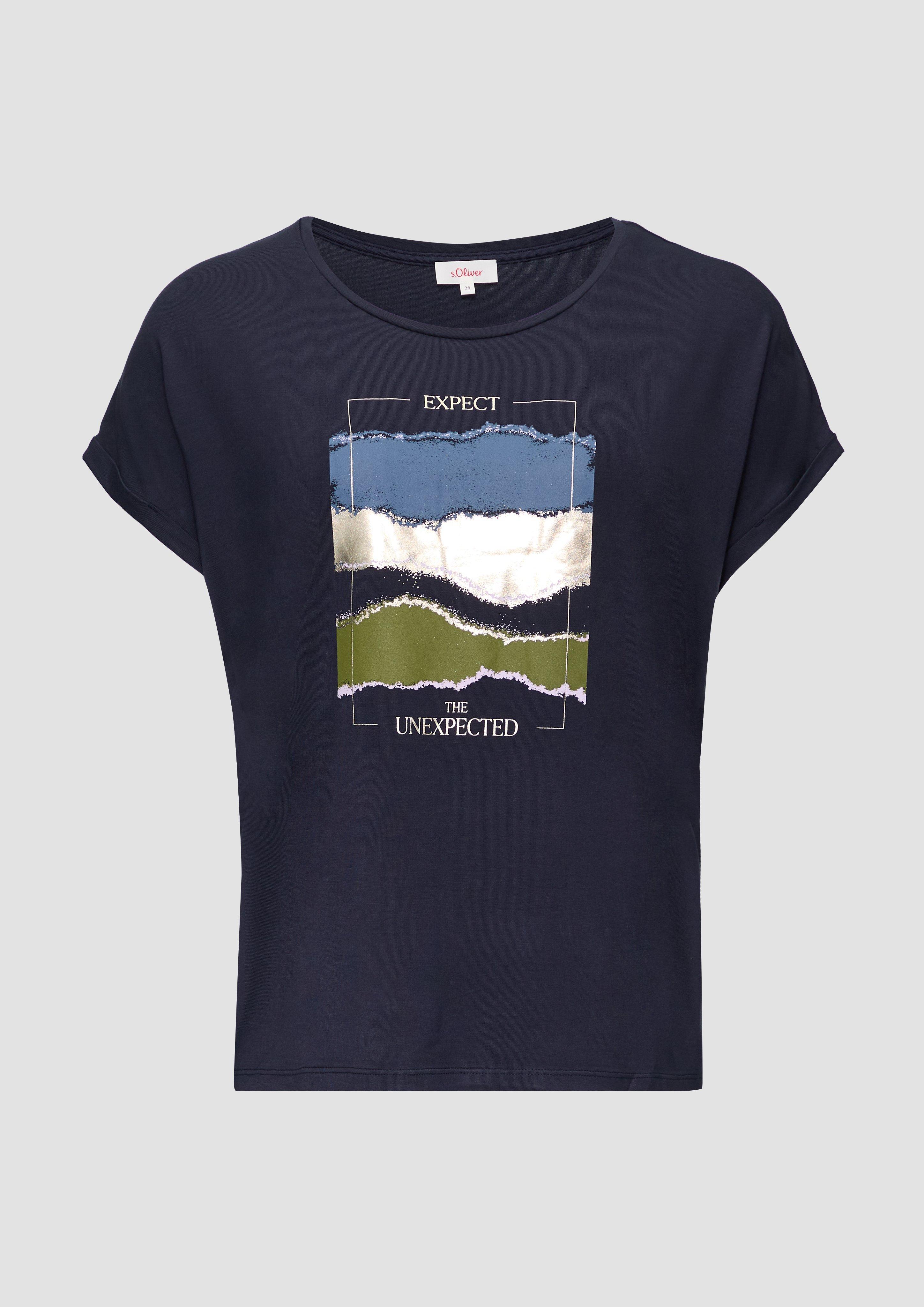 s.Oliver - T-Shirt aus Viskosestretch mit Frontprint, Damen, blau