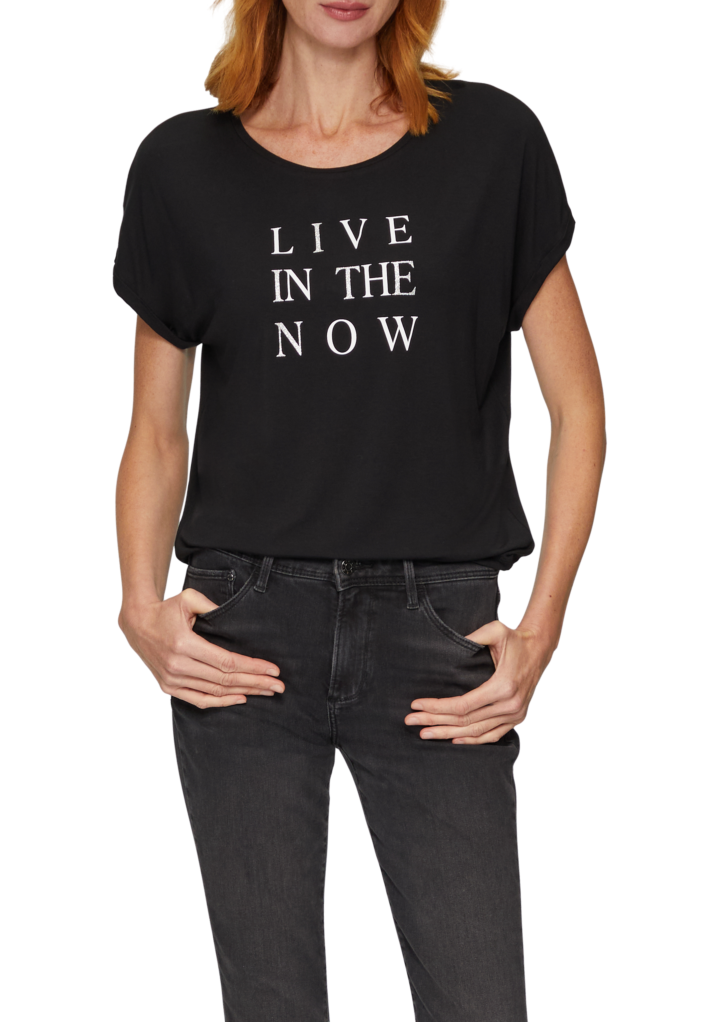 T-Shirt Aus Viskosestretch Mit Frontprint – Relaxed Fit, U-Boot-Ausschnitt, überschnittene Schultern