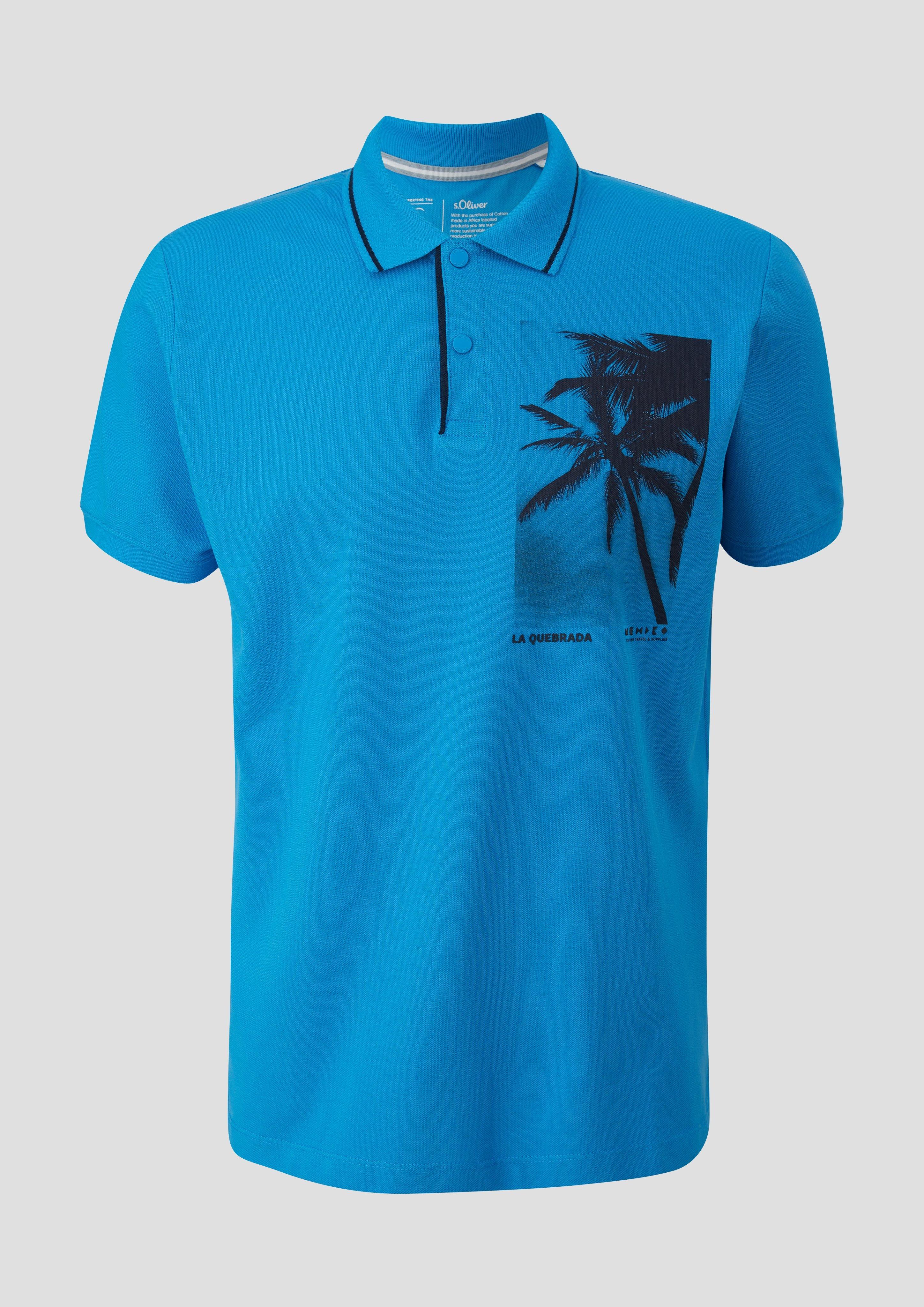 s.Oliver - Poloshirt aus Baumwolle mit Frontprint und Kontrast-Detail, Herren, blau