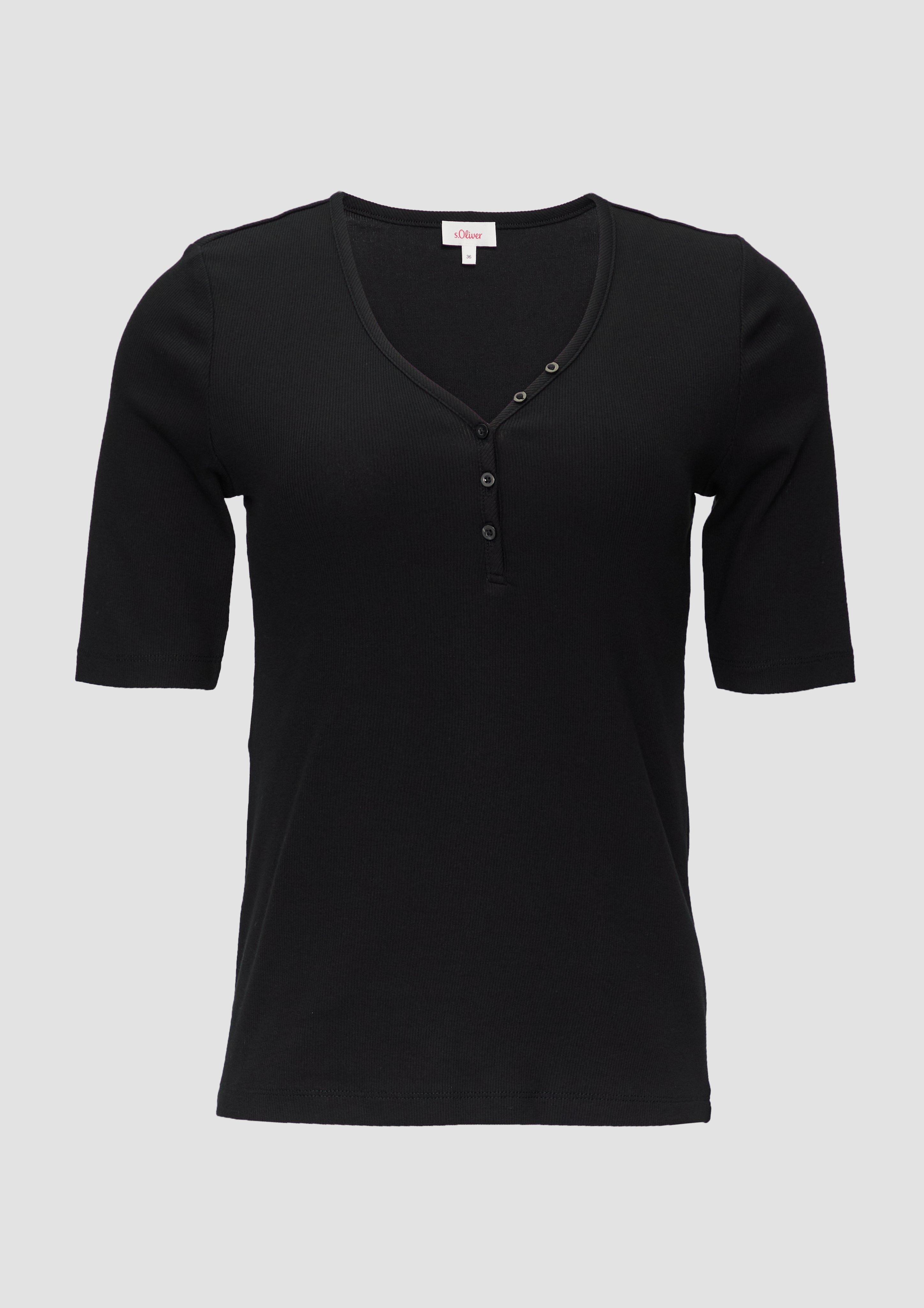 s.Oliver - Rippshirt mit Henley-Ausschnitt, Damen, schwarz