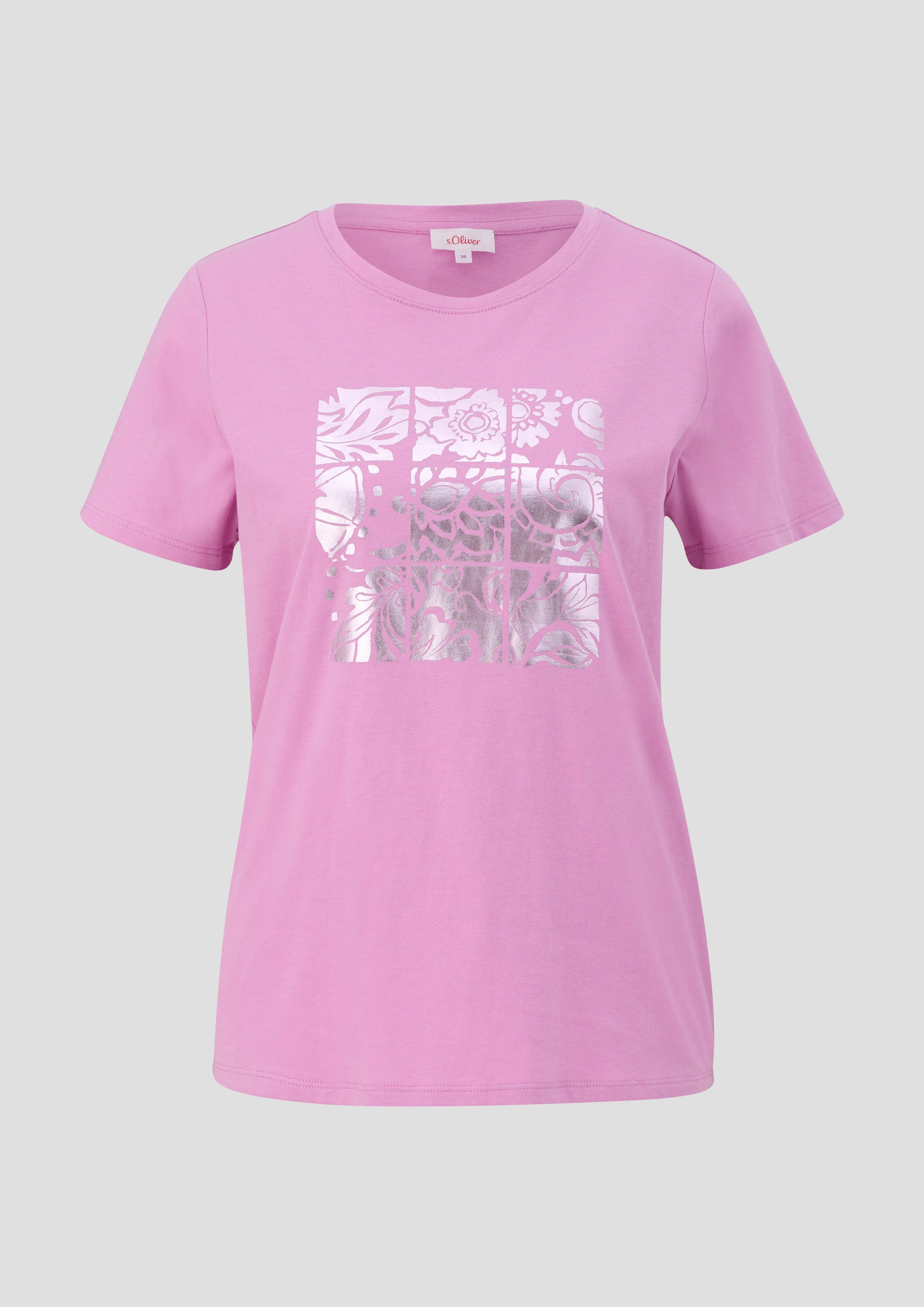 s.Oliver - Baumwoll-T-Shirt mit frontseitigem Folien-Print, Damen, Rosa