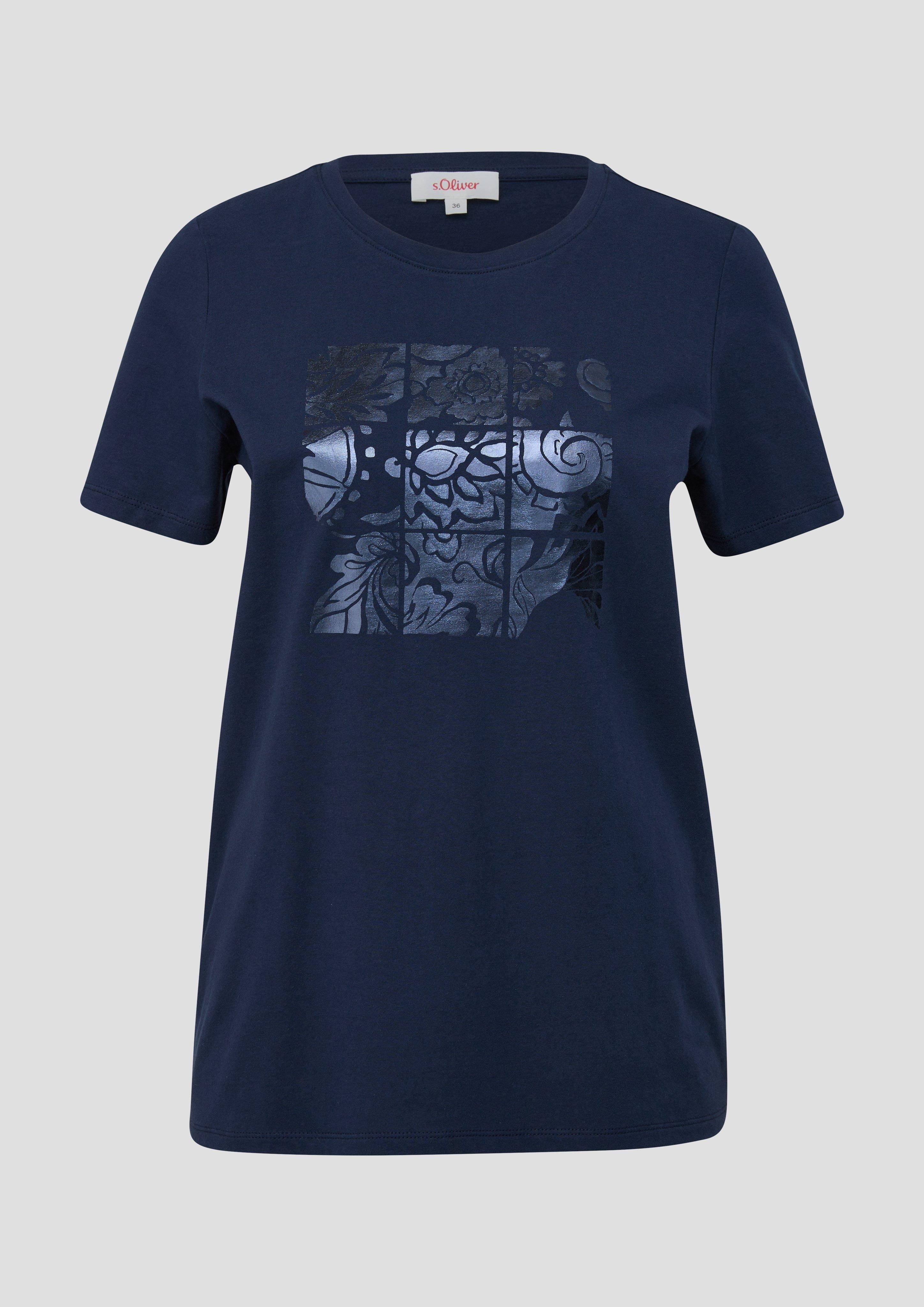 s.Oliver - Baumwoll-T-Shirt mit frontseitigem Folien-Print, Damen, blau