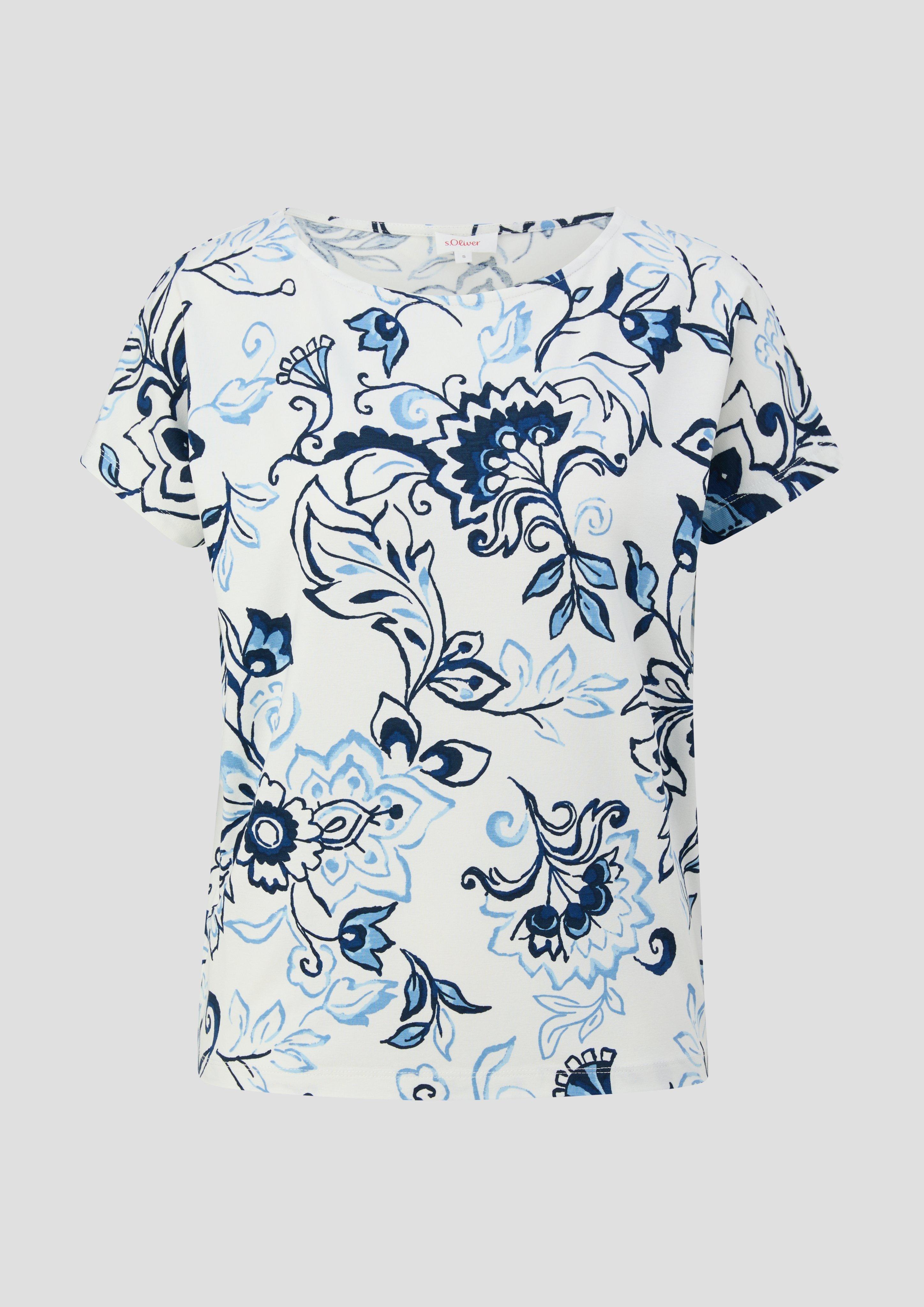 s.Oliver - Viskose-Shirt mit All-over-Print im Relaxed Fit, Damen, blau|creme