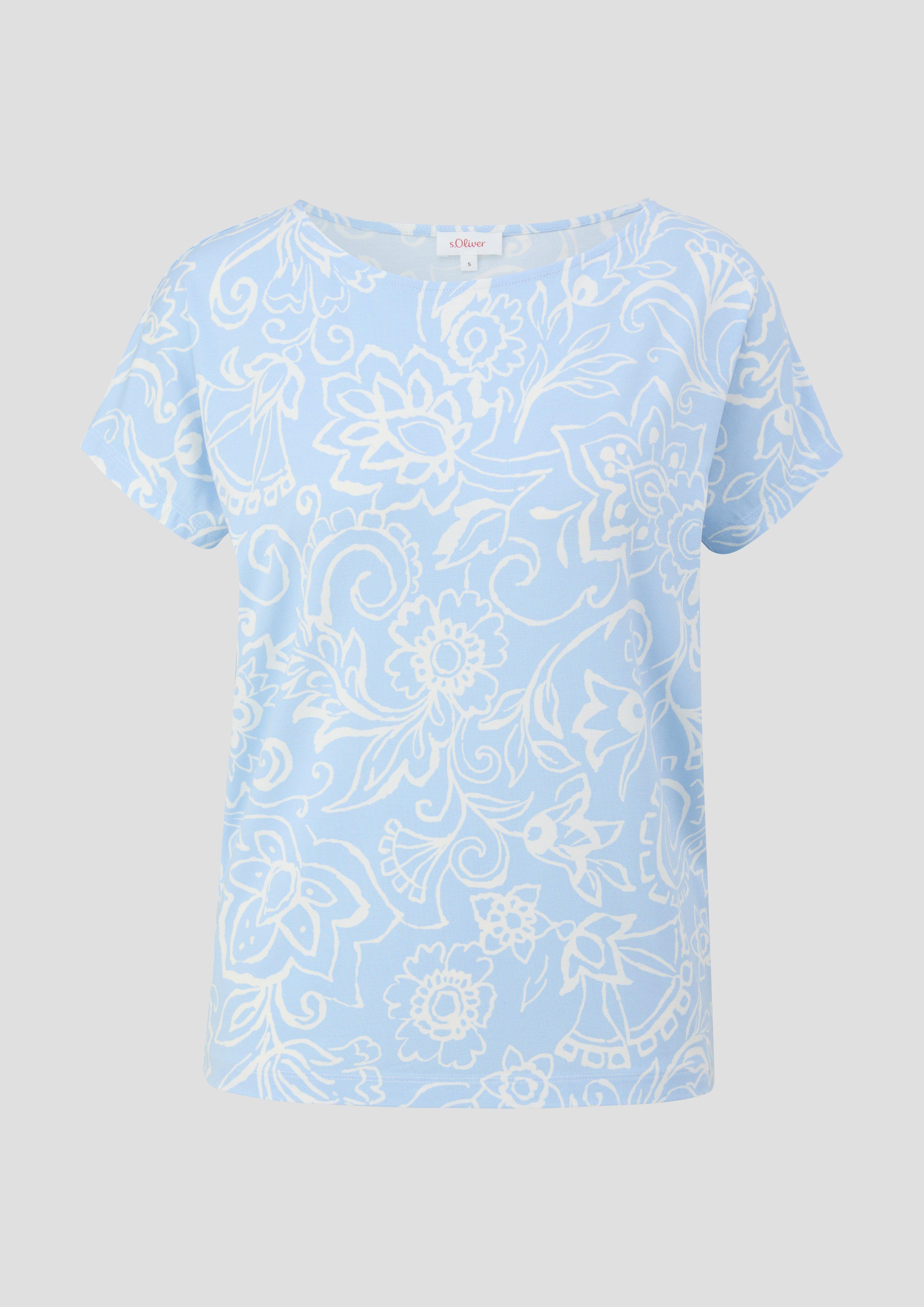 s.Oliver - Viskose-Shirt mit All-over-Print im Relaxed Fit, Damen, blau