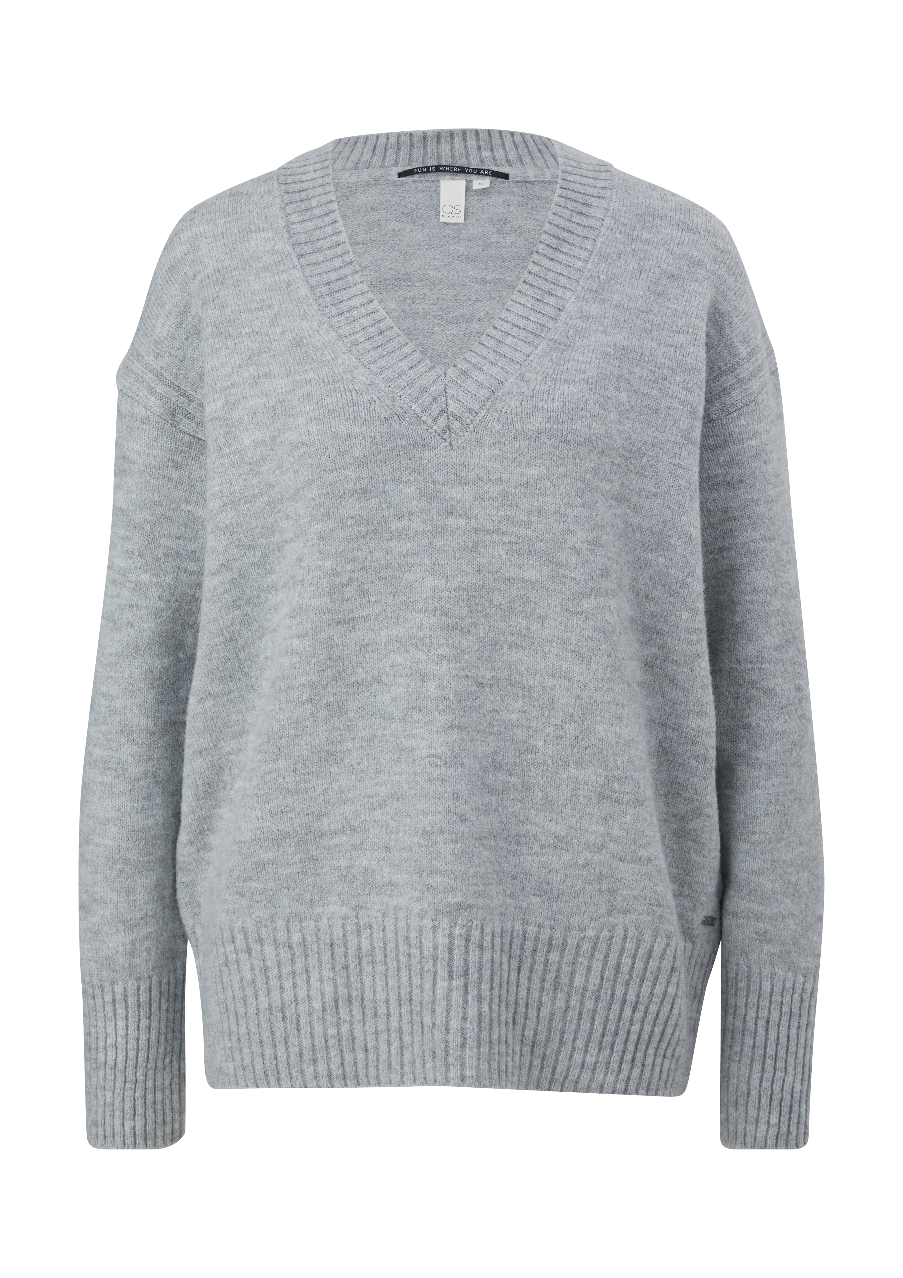 QS - Strickpullover mit V-Ausschnitt, Damen, grau