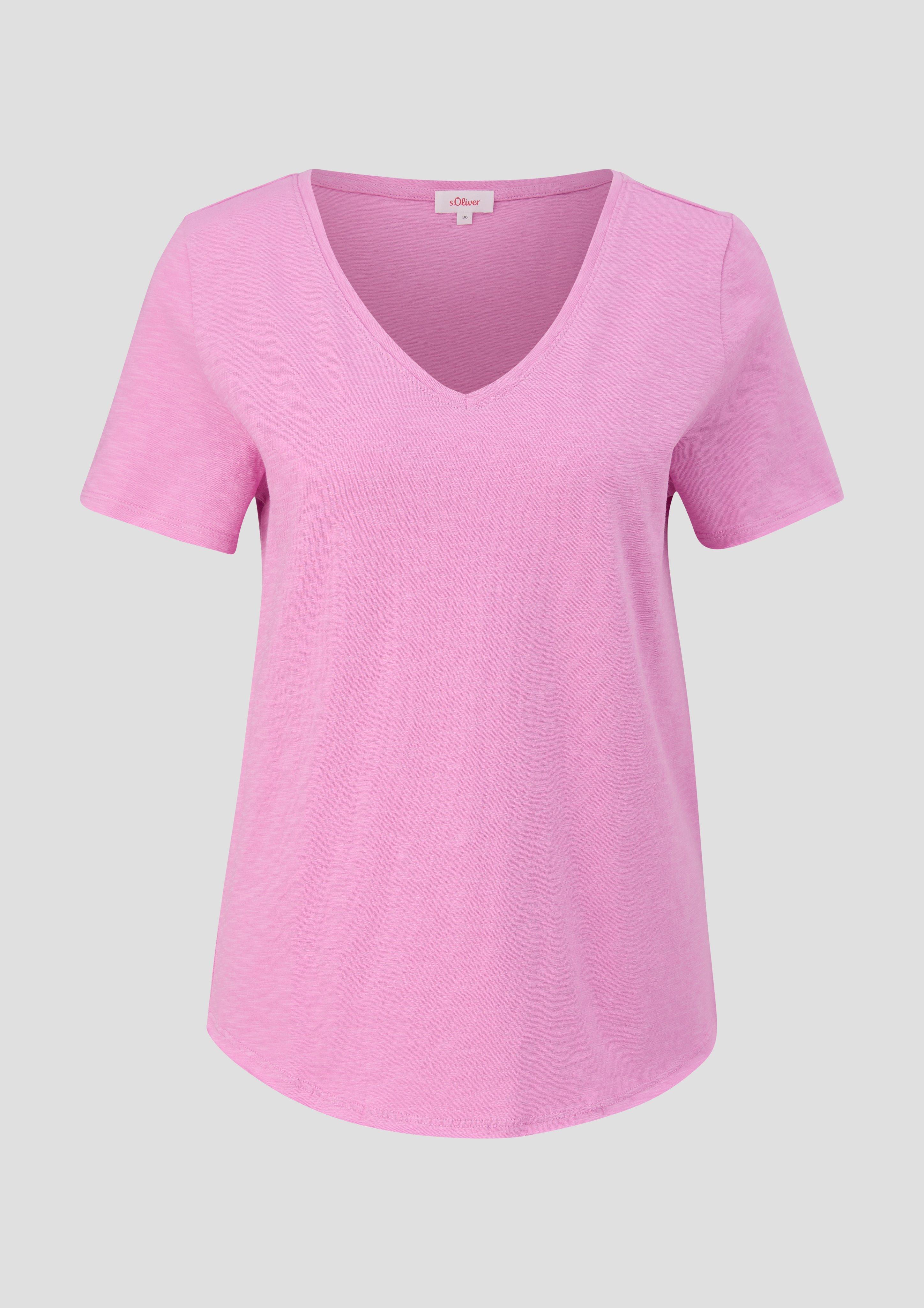 s.Oliver - T-Shirt mit abgerundetem V-Ausschnitt und Flammgarnstruktur, Damen, Rosa