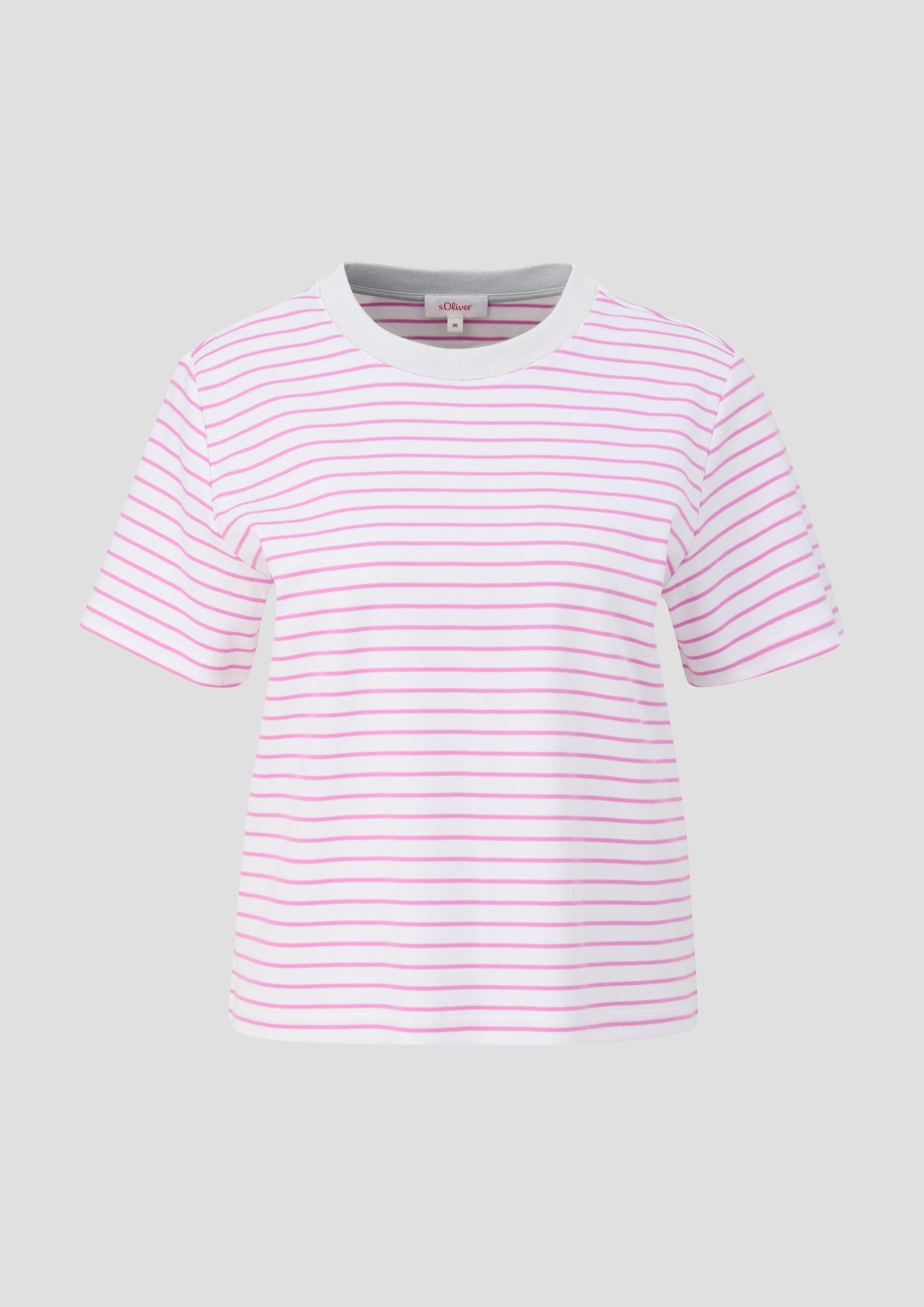 s.Oliver - Gestreiftes T-Shirt aus Baumwolle mit Rippblende, Damen, pink|weiß