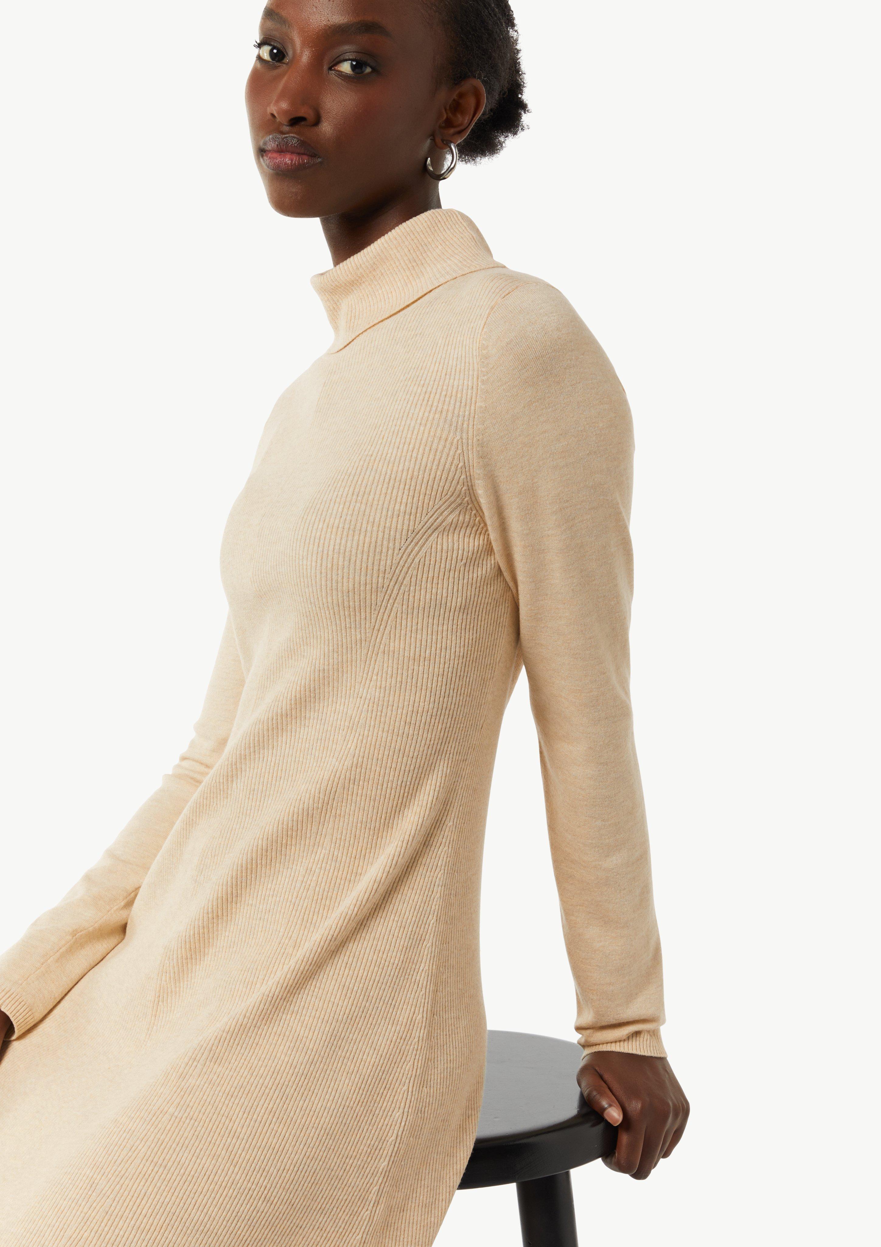 Flared rib knit dress with a turtleneck - beige | Comma Flared rib knit dress with a turtleneck - beige | Comma