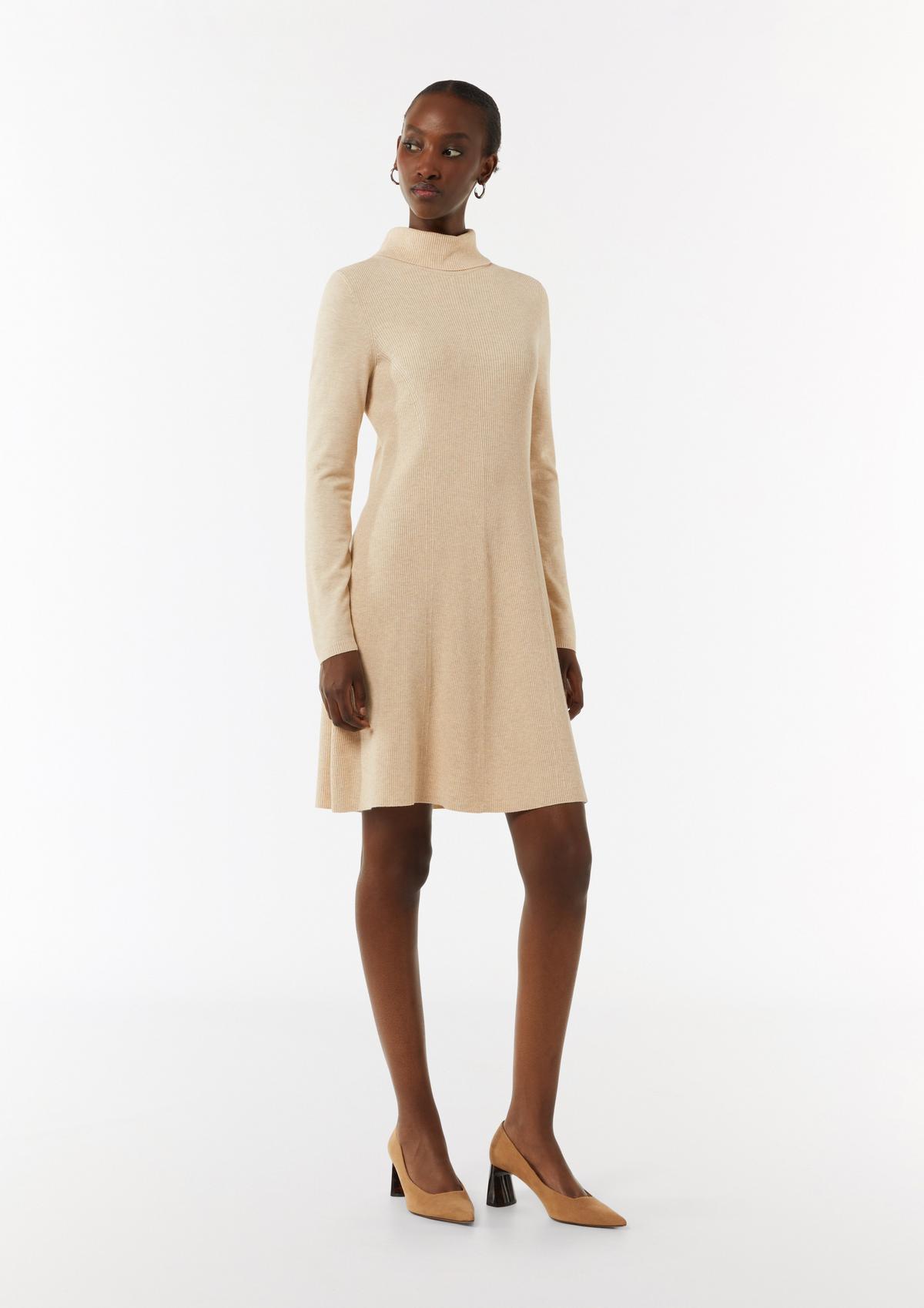 Flared rib knit dress with a turtleneck - beige | Comma Flared rib knit dress with a turtleneck - beige | Comma