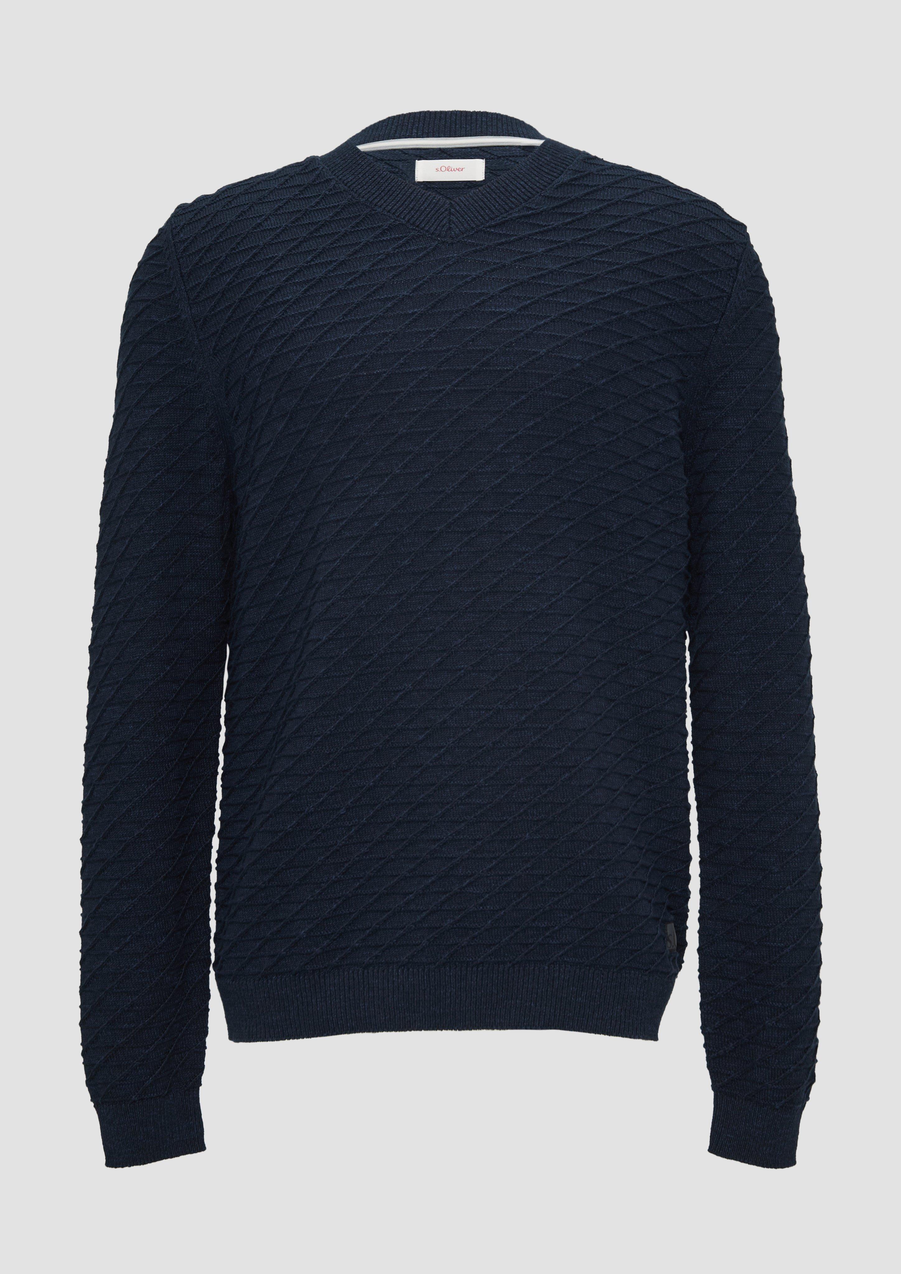 s.Oliver - Strukturierter Pullover mit V-Ausschnitt, Herren, blau