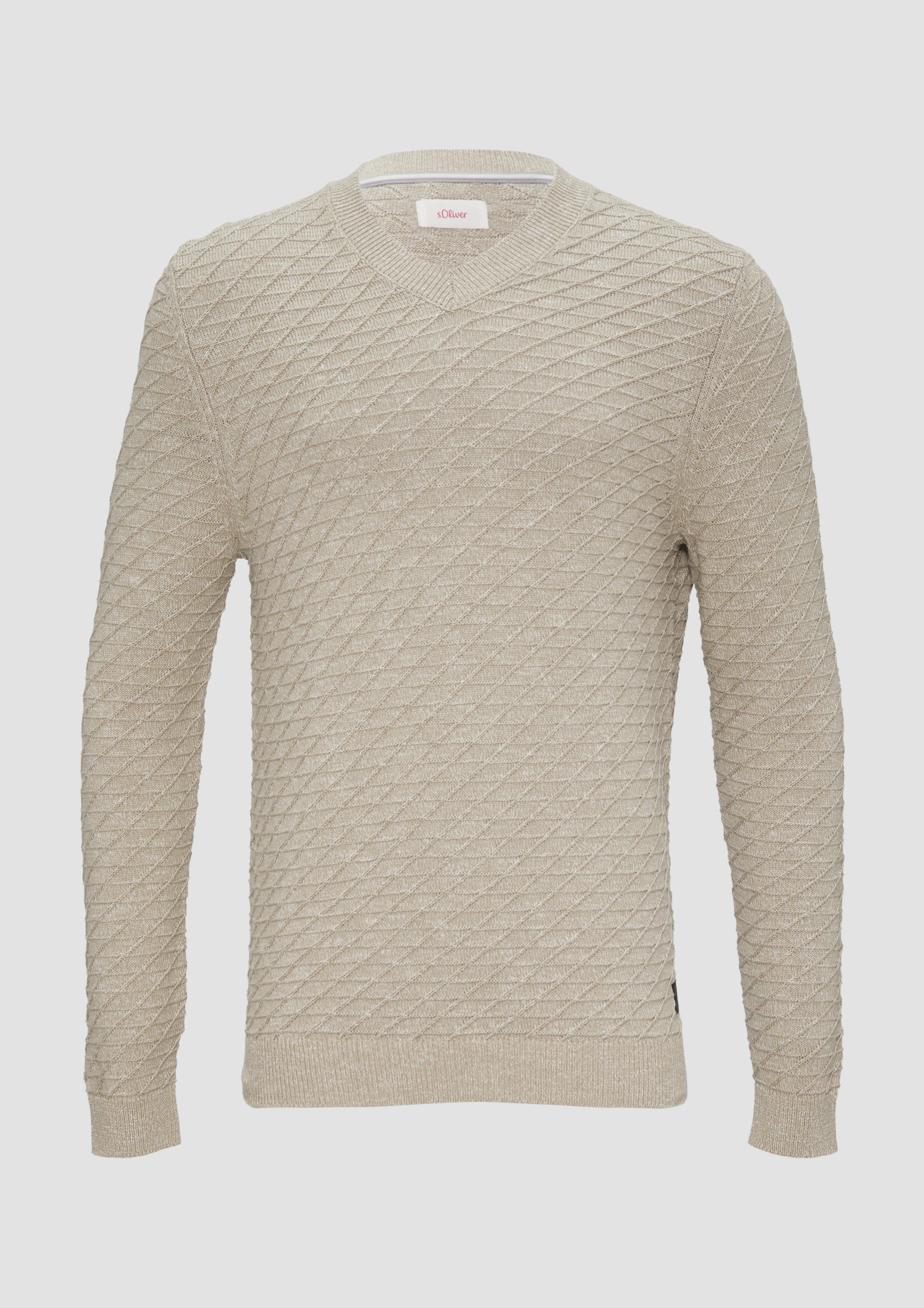 s.Oliver - Strukturierter Pullover mit V-Ausschnitt, Herren, Beige