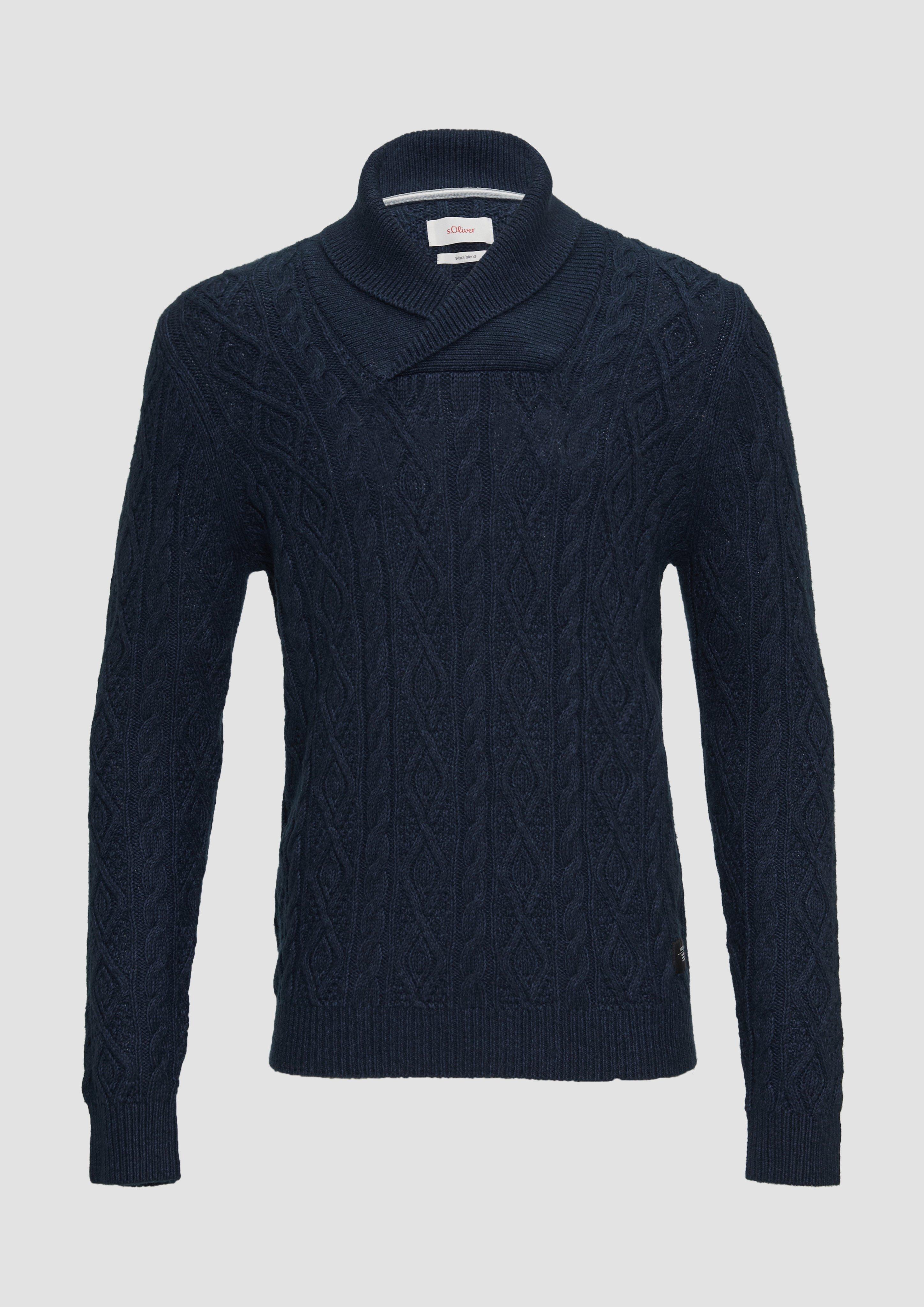 s.Oliver - Schalkragenpullover mit Zopfmuster aus Wollmix, Herren, blau