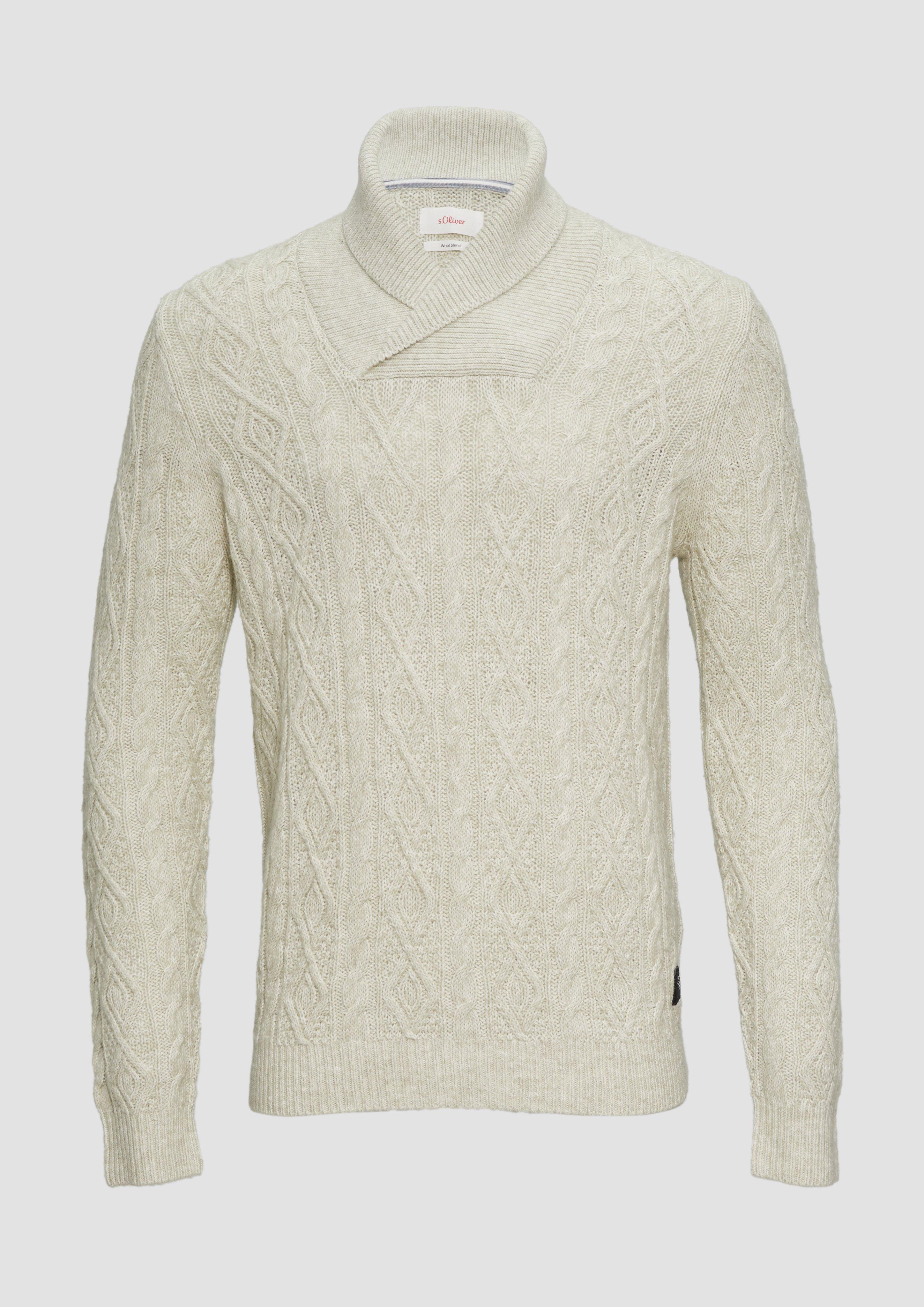 s.Oliver - Schalkragenpullover mit Zopfmuster aus Wollmix, Herren, Beige