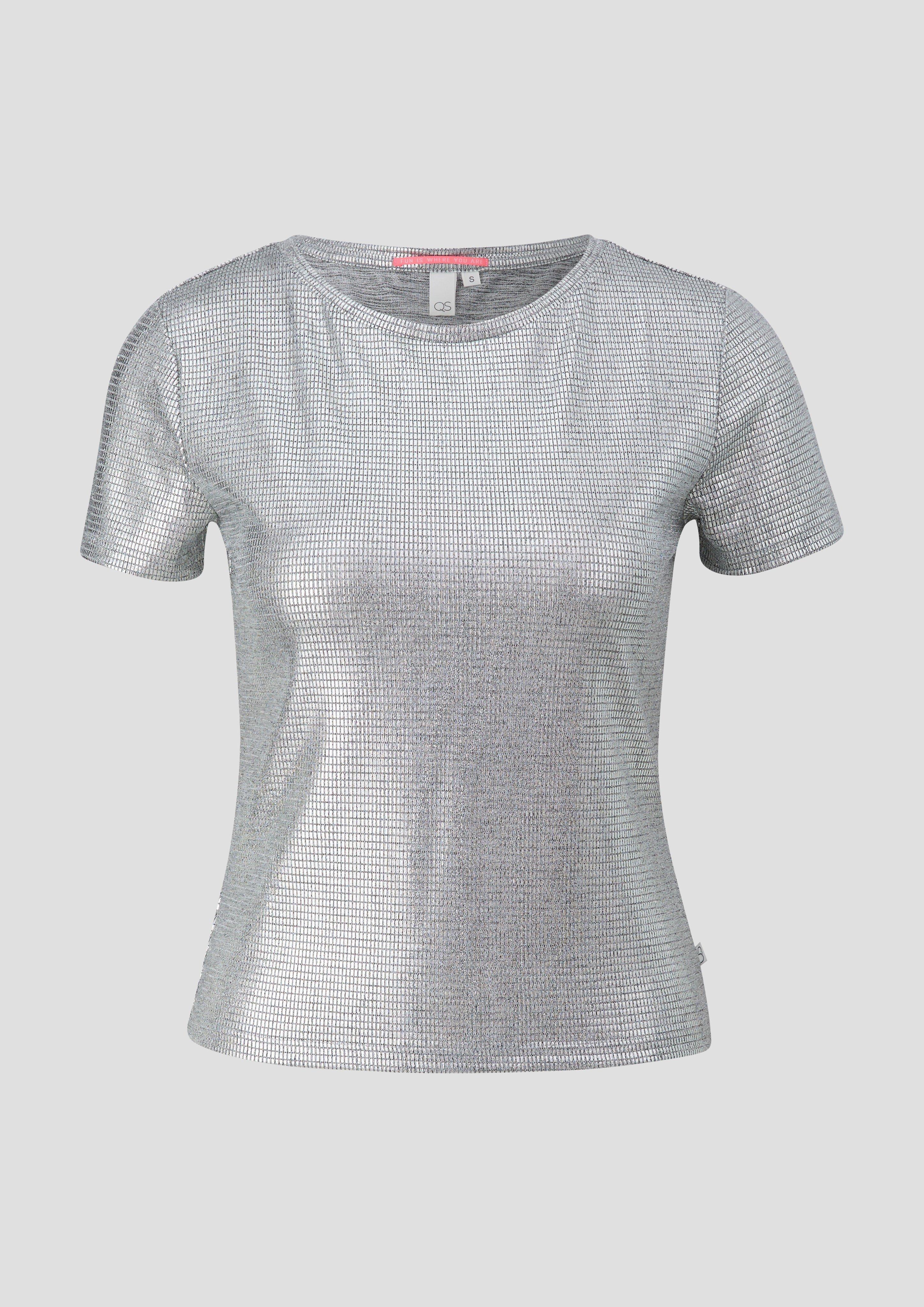 QS - Kurzes Jerseyshirt in Metallic-Optik, Damen, silber