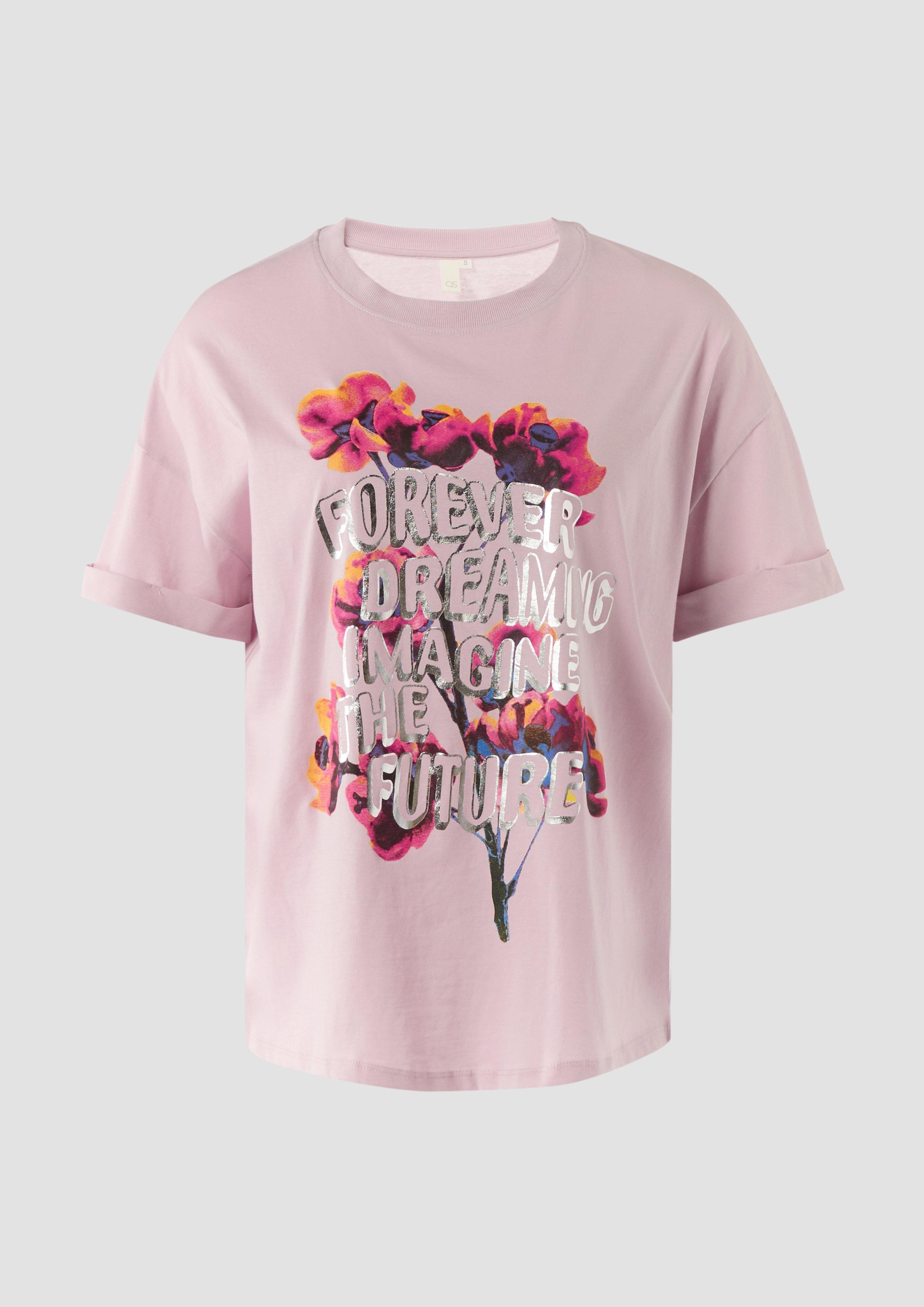 QS - Oversized T-Shirt aus Jersey mit Frontprint, Damen, Rosa