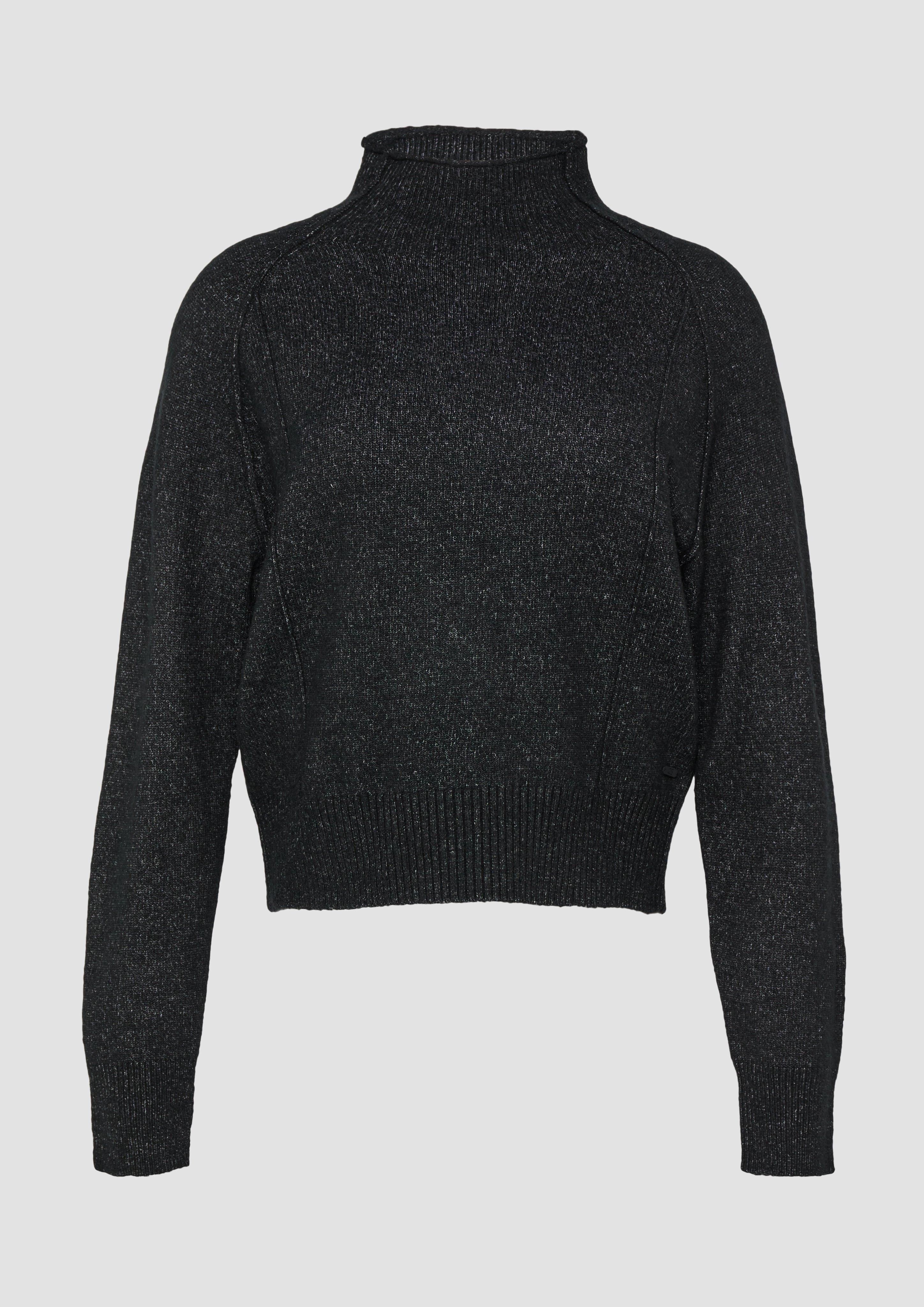 QS - Melierter Strickpullover mit Stehkragen, Damen, schwarz