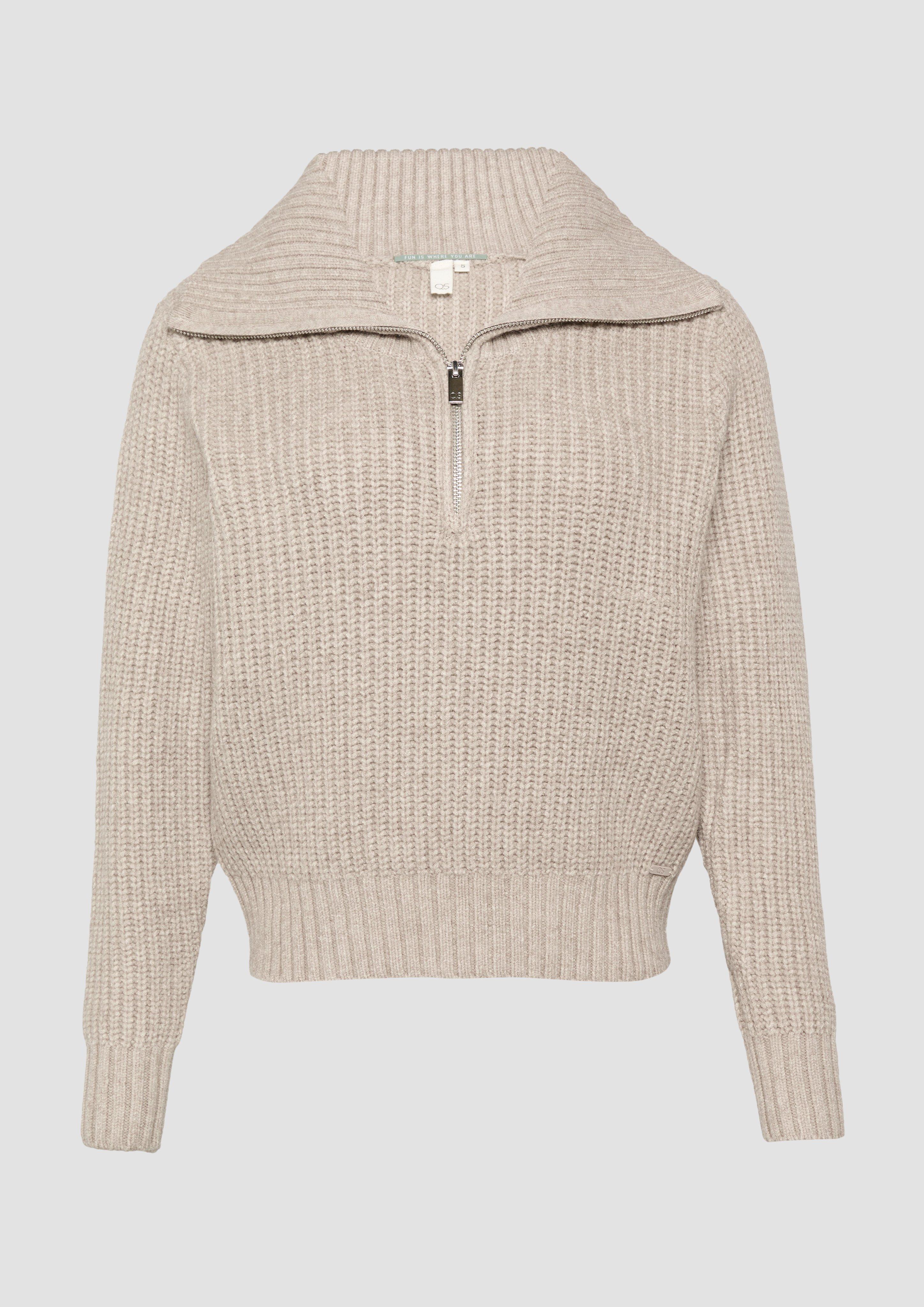 QS - Strickpullover mit Troyer-Kragen, Damen, Beige