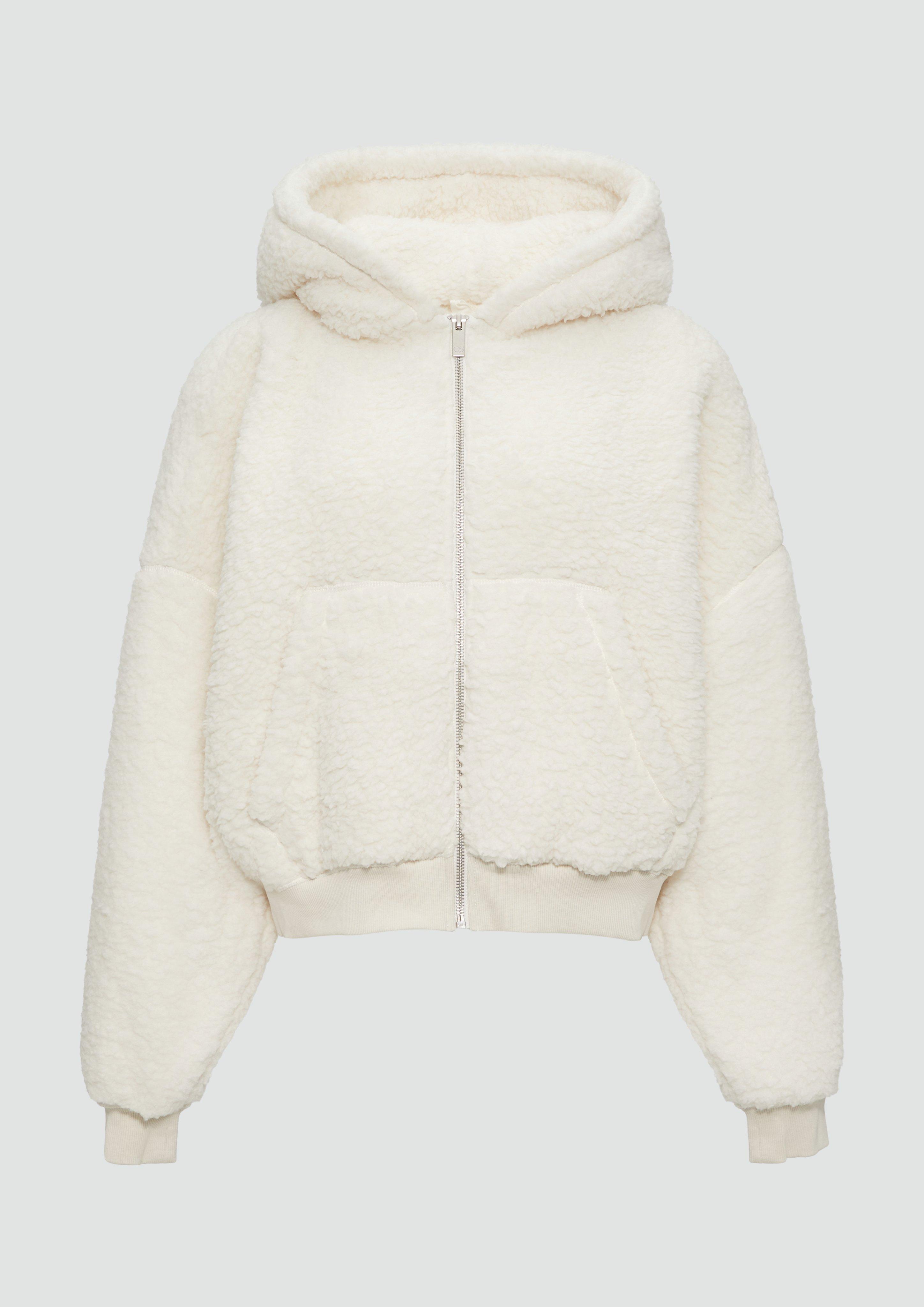 QS - Oversized Sweatjacke aus Teddy-Plüsch, Damen, creme