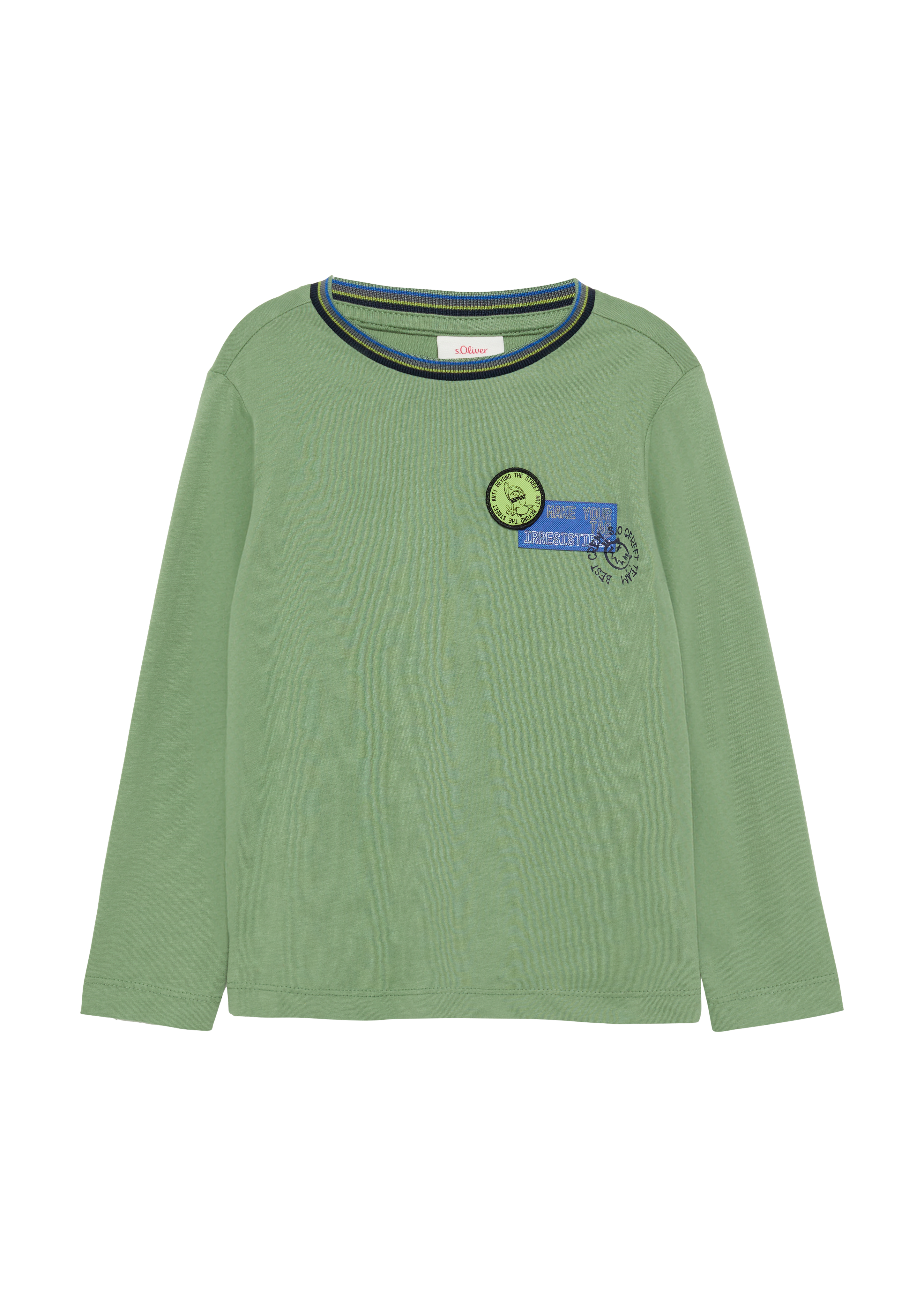 s.Oliver - Baumwoll-Longsleeve mit Print und Patches, Kinder, Grün