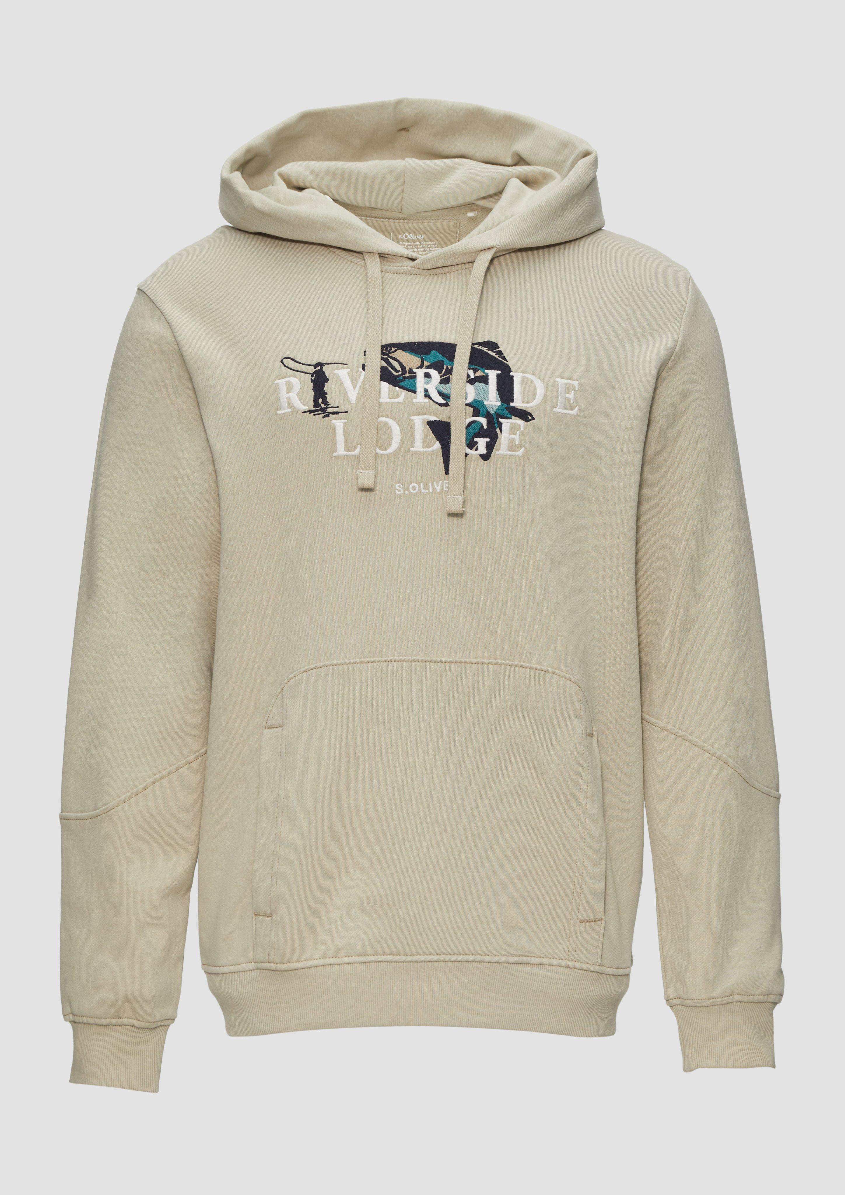 s.Oliver - Hoodie mit Stickerei und Kängurutasche, Herren, Beige