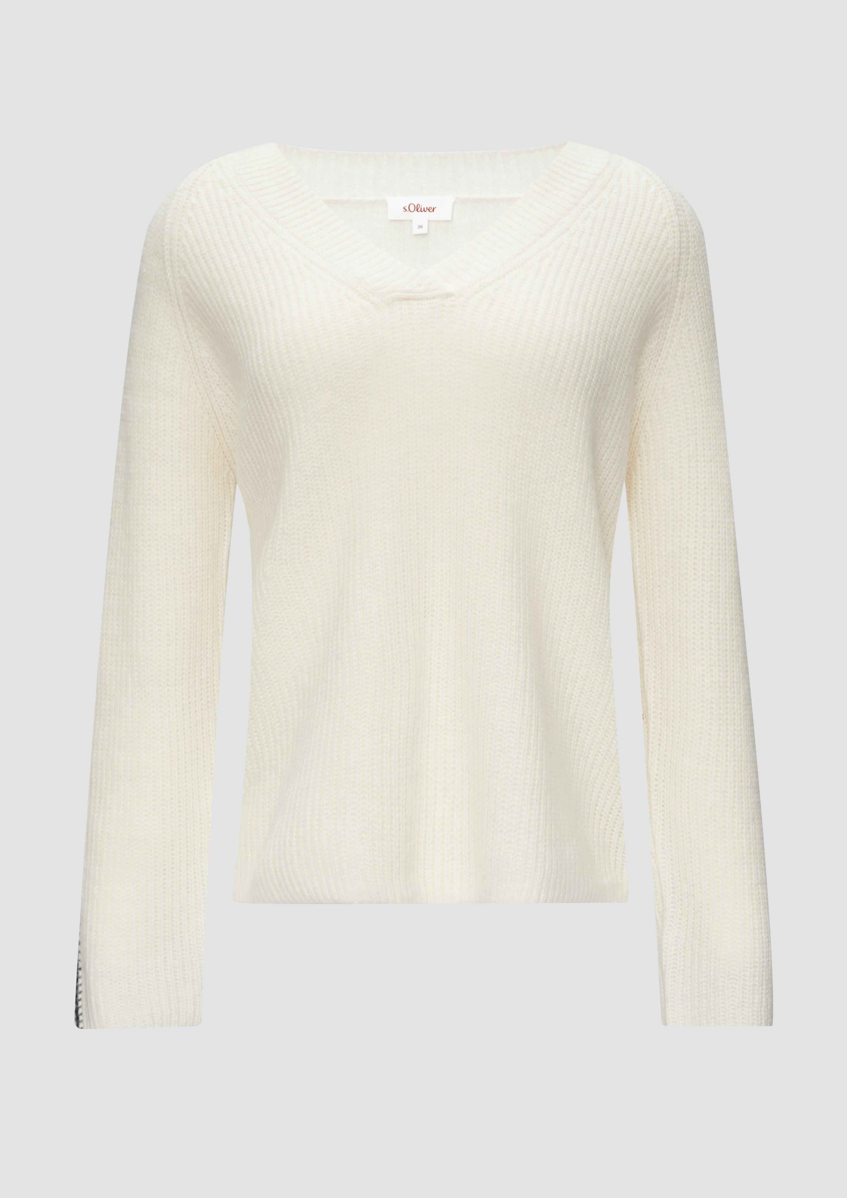 s.Oliver - Strickpullover mit V-Ausschnitt und Kontrast-Details, Damen, creme