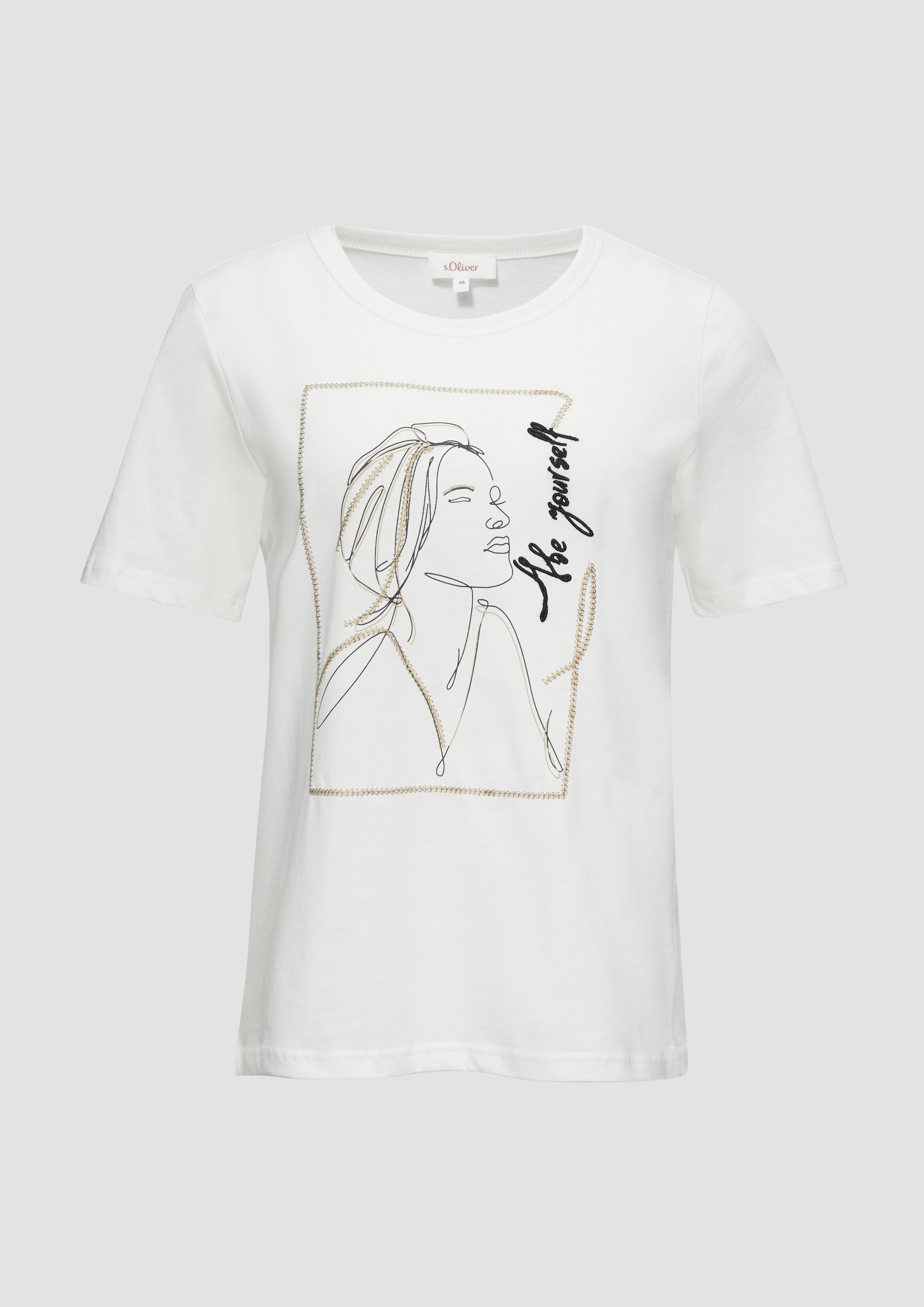 s.Oliver - T-Shirt mit Stickerei-Artwork, Damen, creme