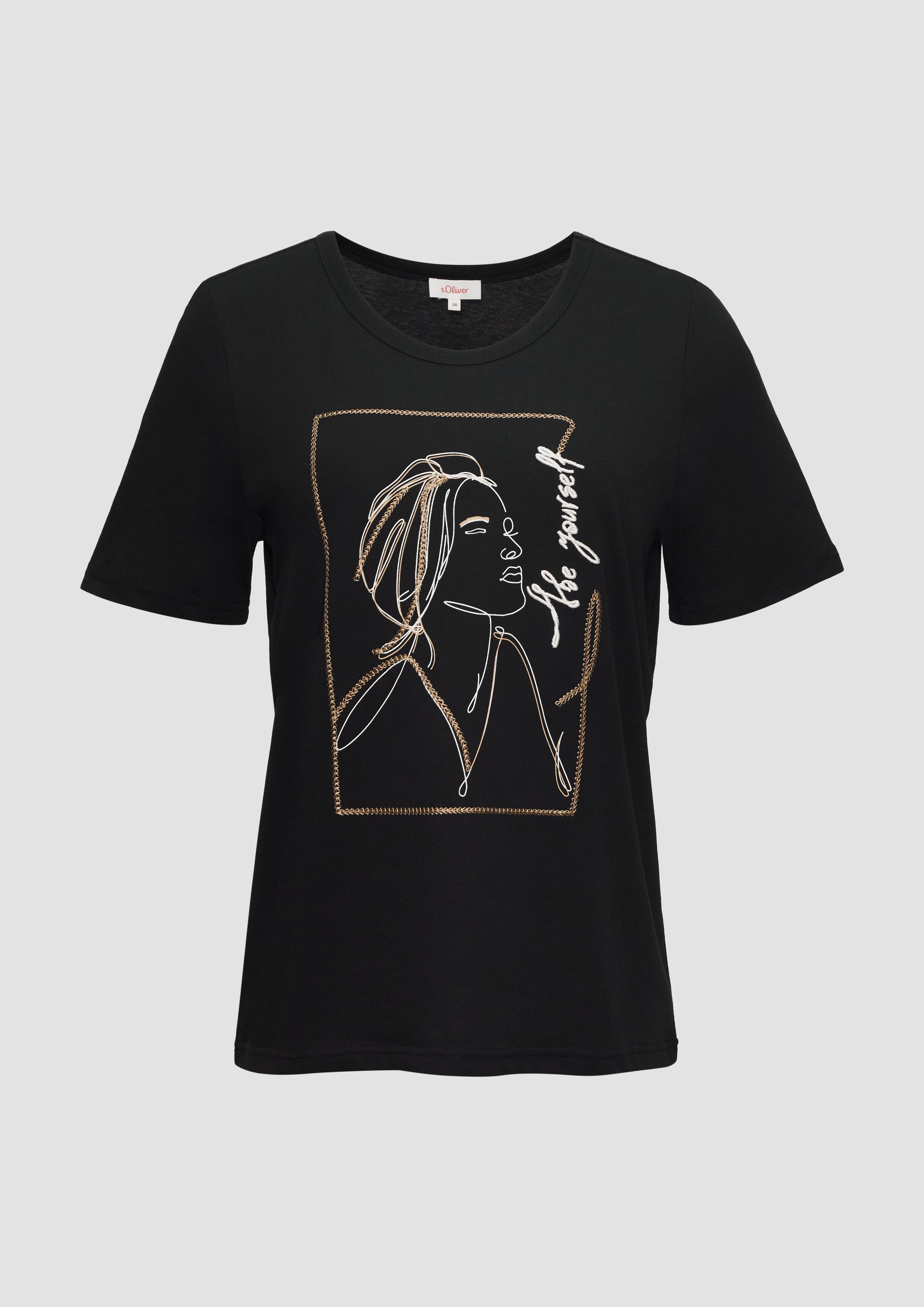 s.Oliver - T-Shirt mit Stickerei-Artwork, Damen, schwarz