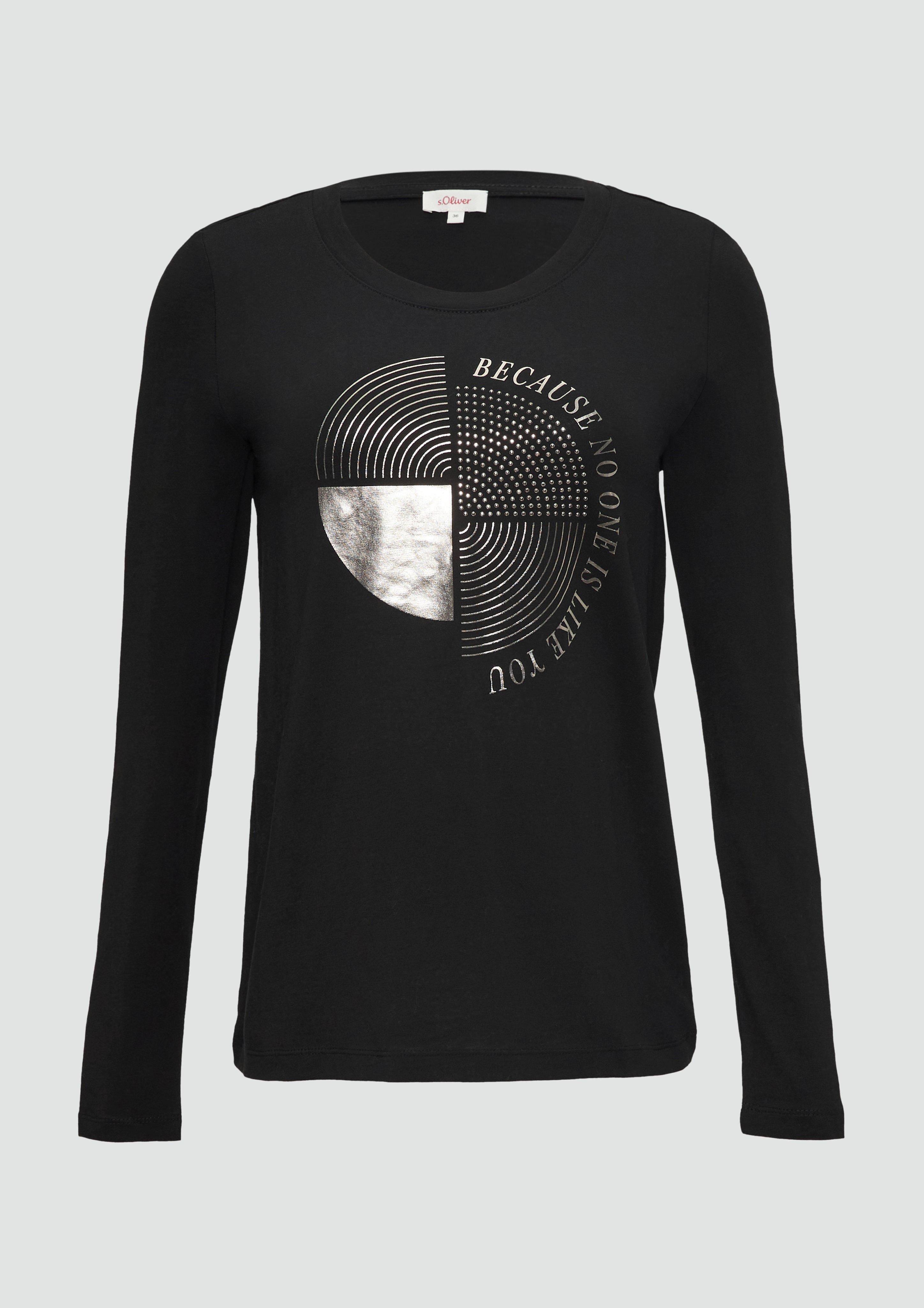 s.Oliver - Longsleeve mit Metallic-Print und Schmucksteinen, Damen, schwarz