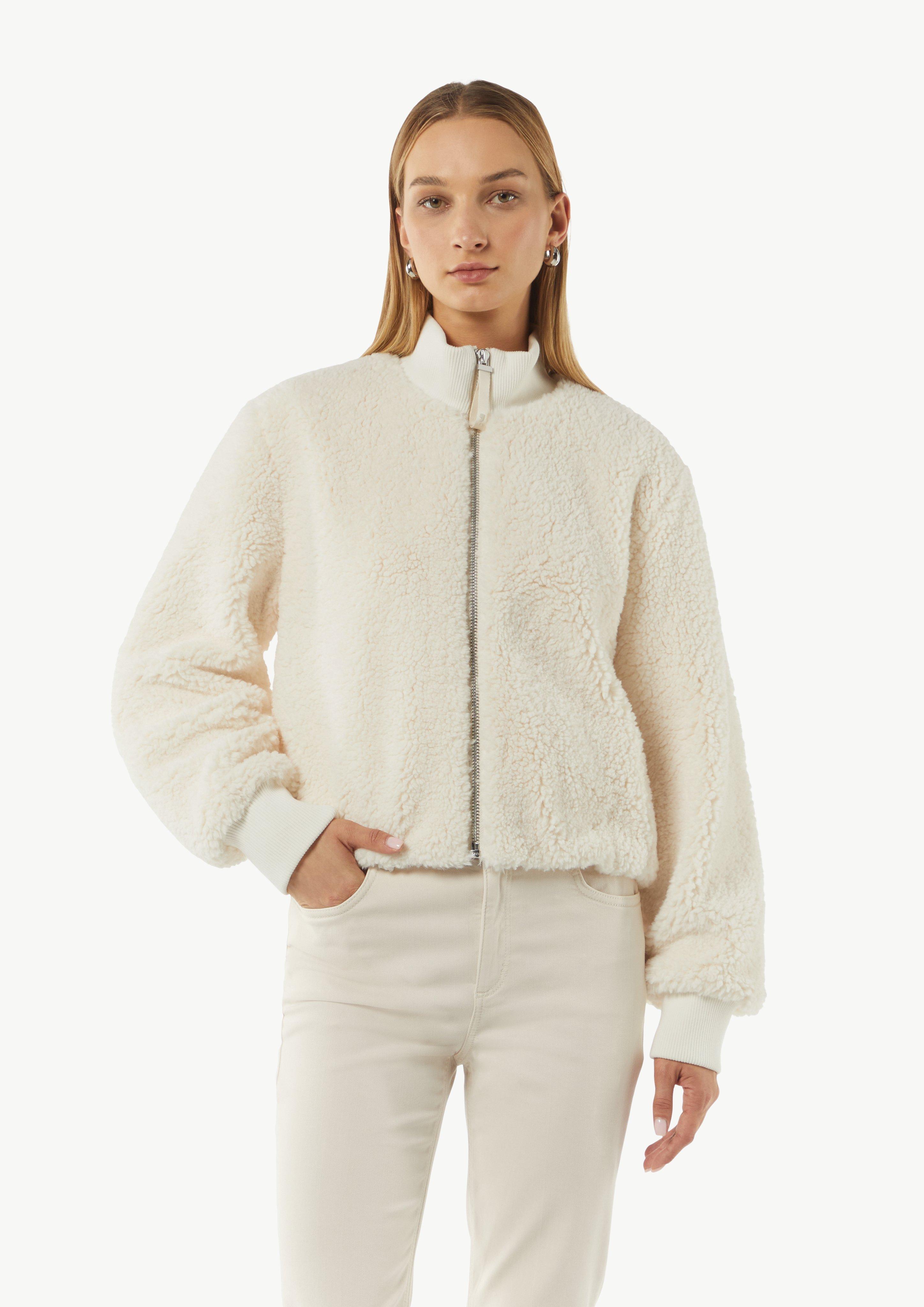 Cosy teddy fur bomber jacket with ribbed trims - cream | Comma Cosy teddy fur bomber jacket with ribbed trims - cream | Comma