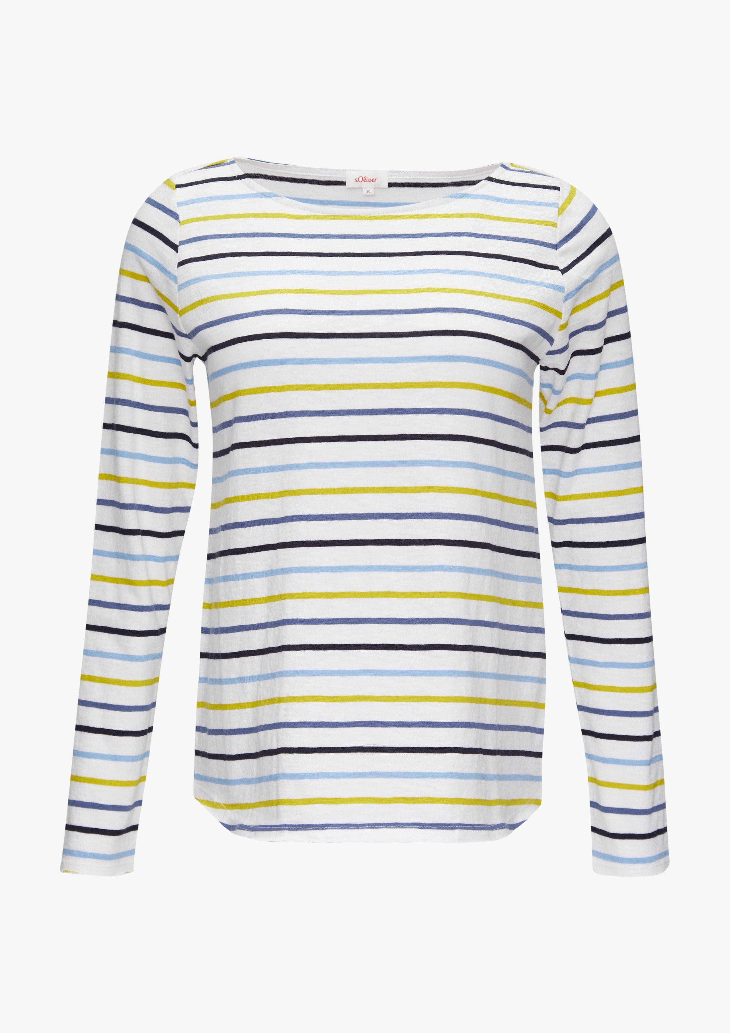 s.Oliver - T-Shirt mit U-Boot-Ausschnitt und offenen Kanten, Damen, blau|mehrfarbig