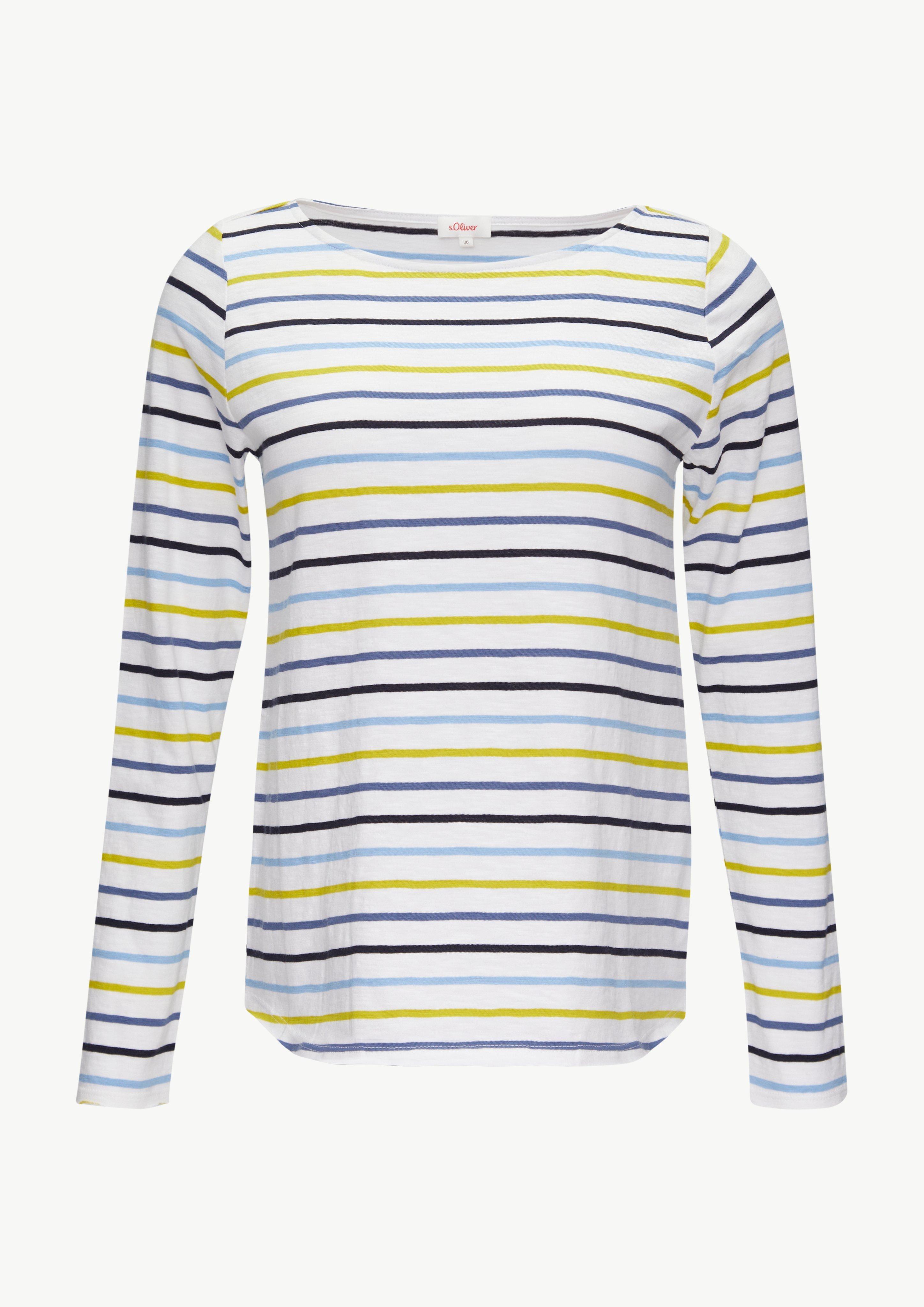 s.Oliver - T-Shirt mit U-Boot-Ausschnitt und offenen Kanten, Damen, blau|mehrfarbig