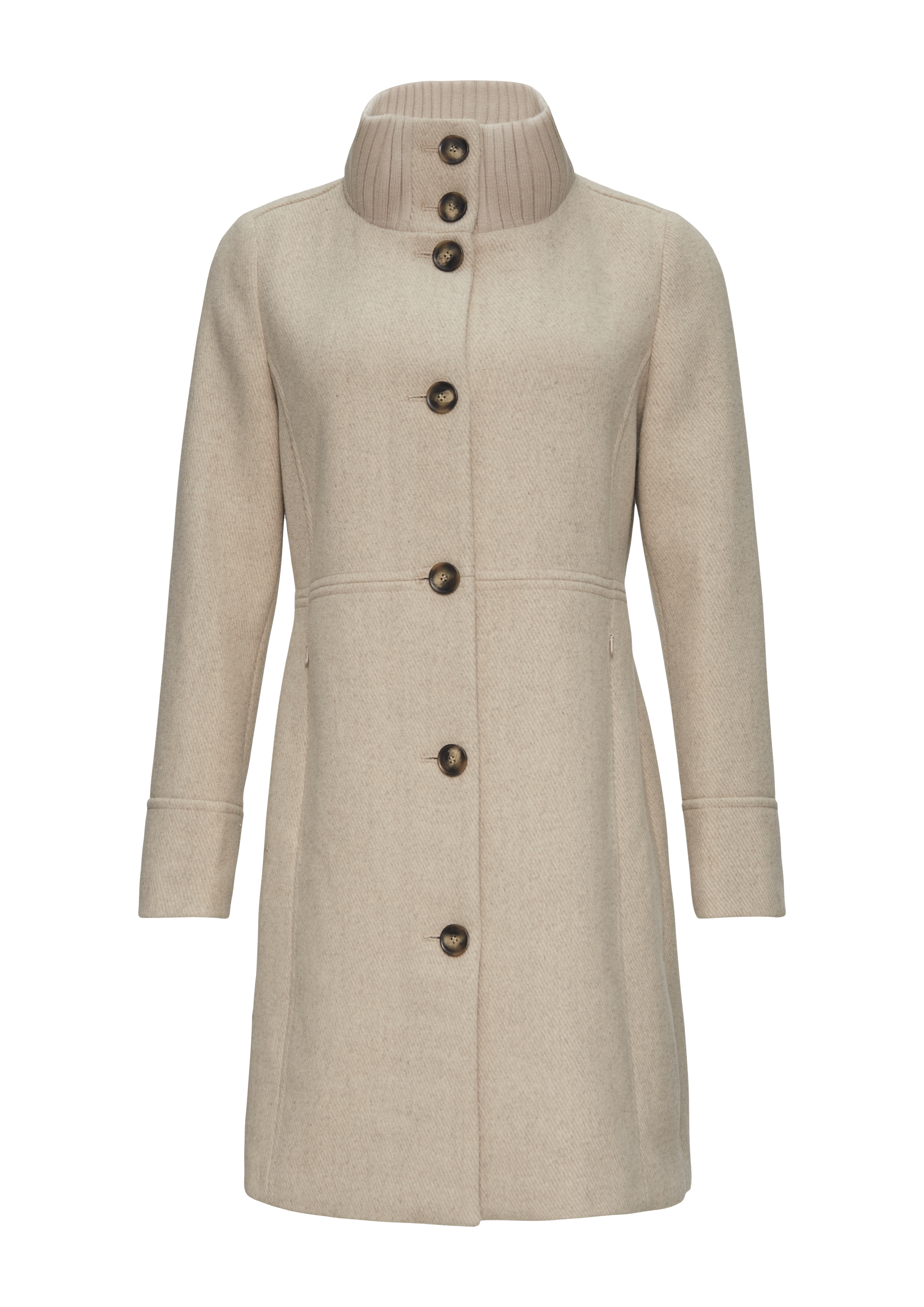 Twill coat with a knitted stand-up collar and slit pockets