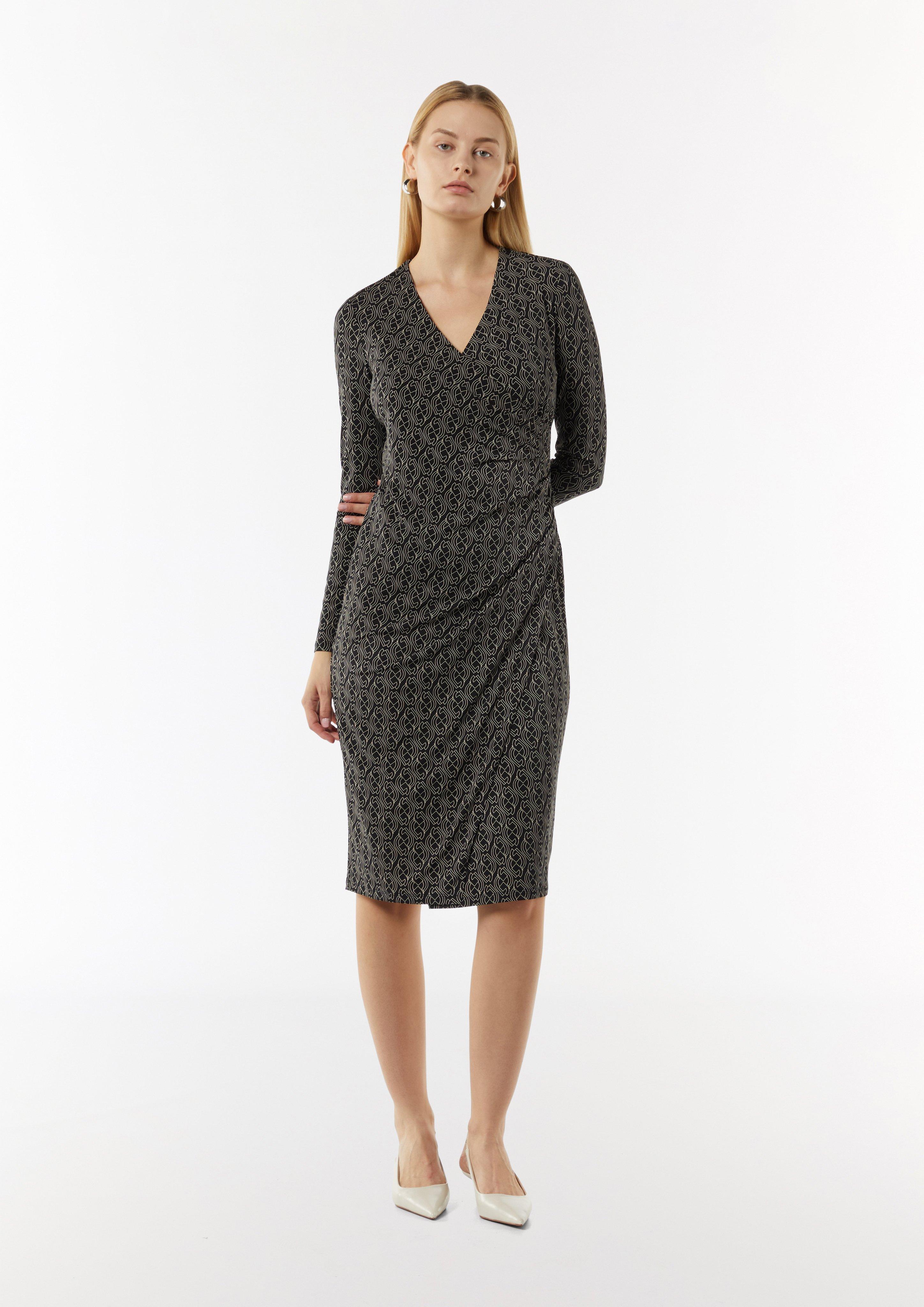 Patterned midi dress in a wrap-over look - black | Comma Patterned midi dress in a wrap-over look - black | Comma