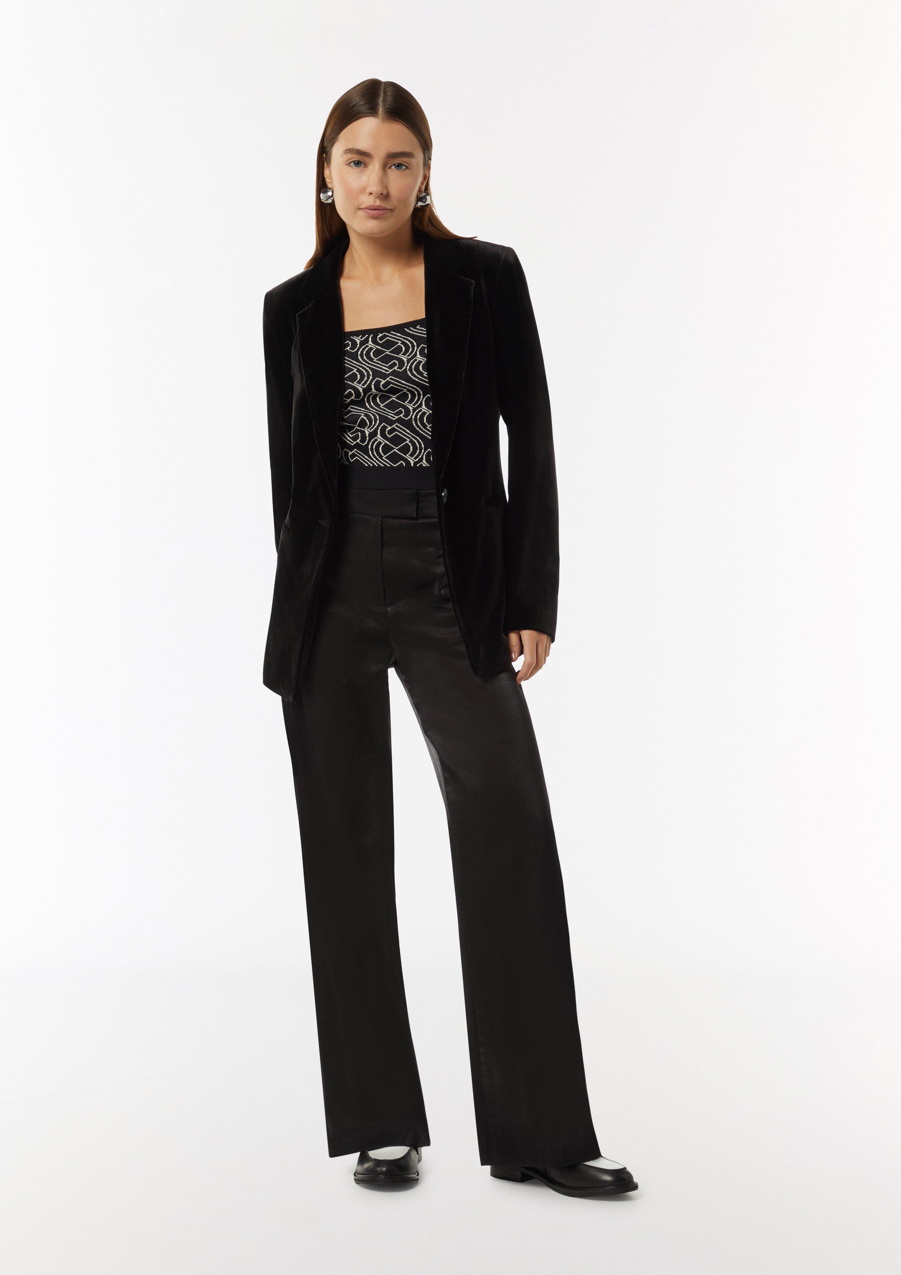 Shiny Marlene trousers with a slit detail - black | Comma Shiny Marlene trousers with a slit detail - black | Comma