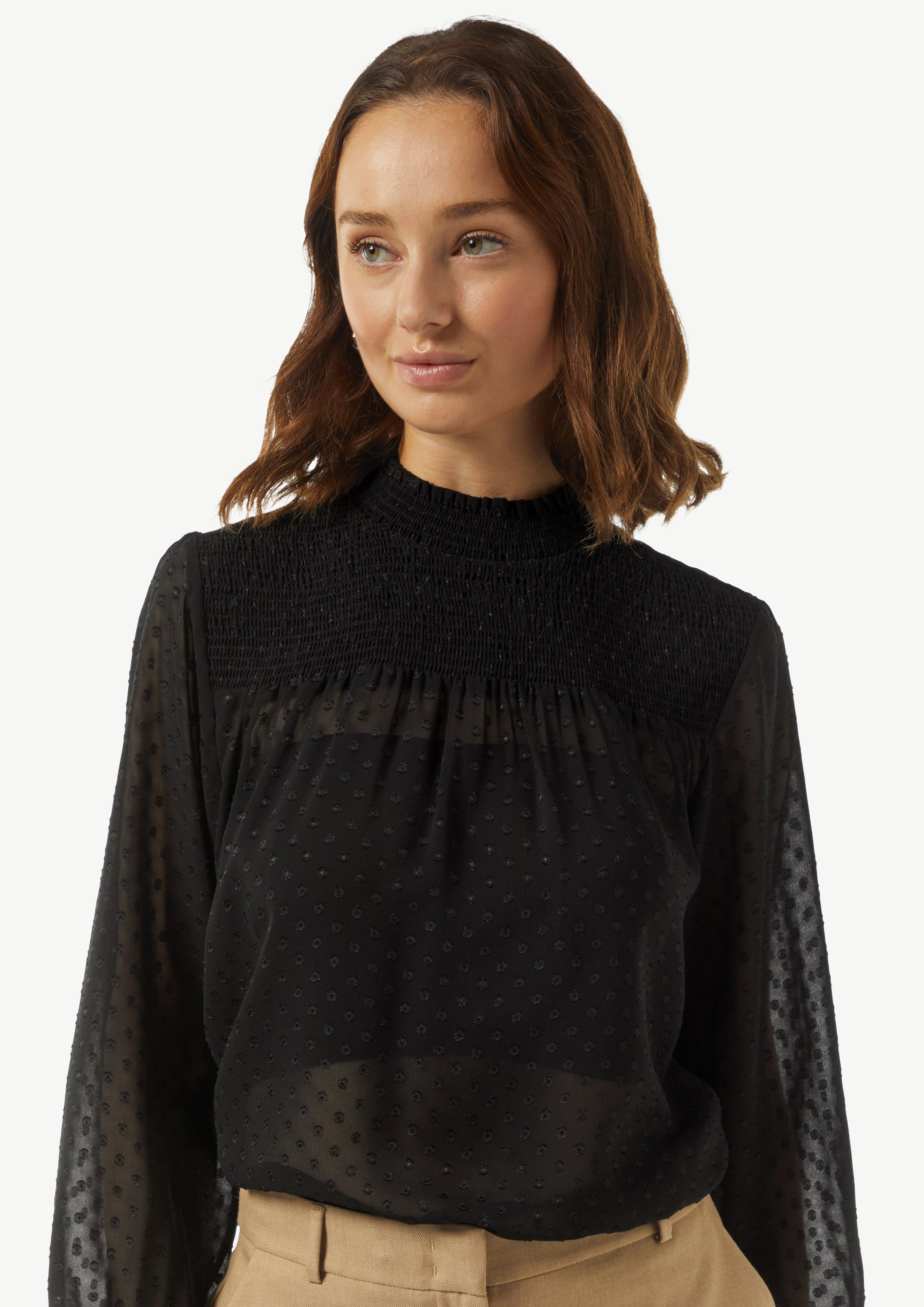 Sheer jacquard blouse with a smocked detail - Black | SCAYLE