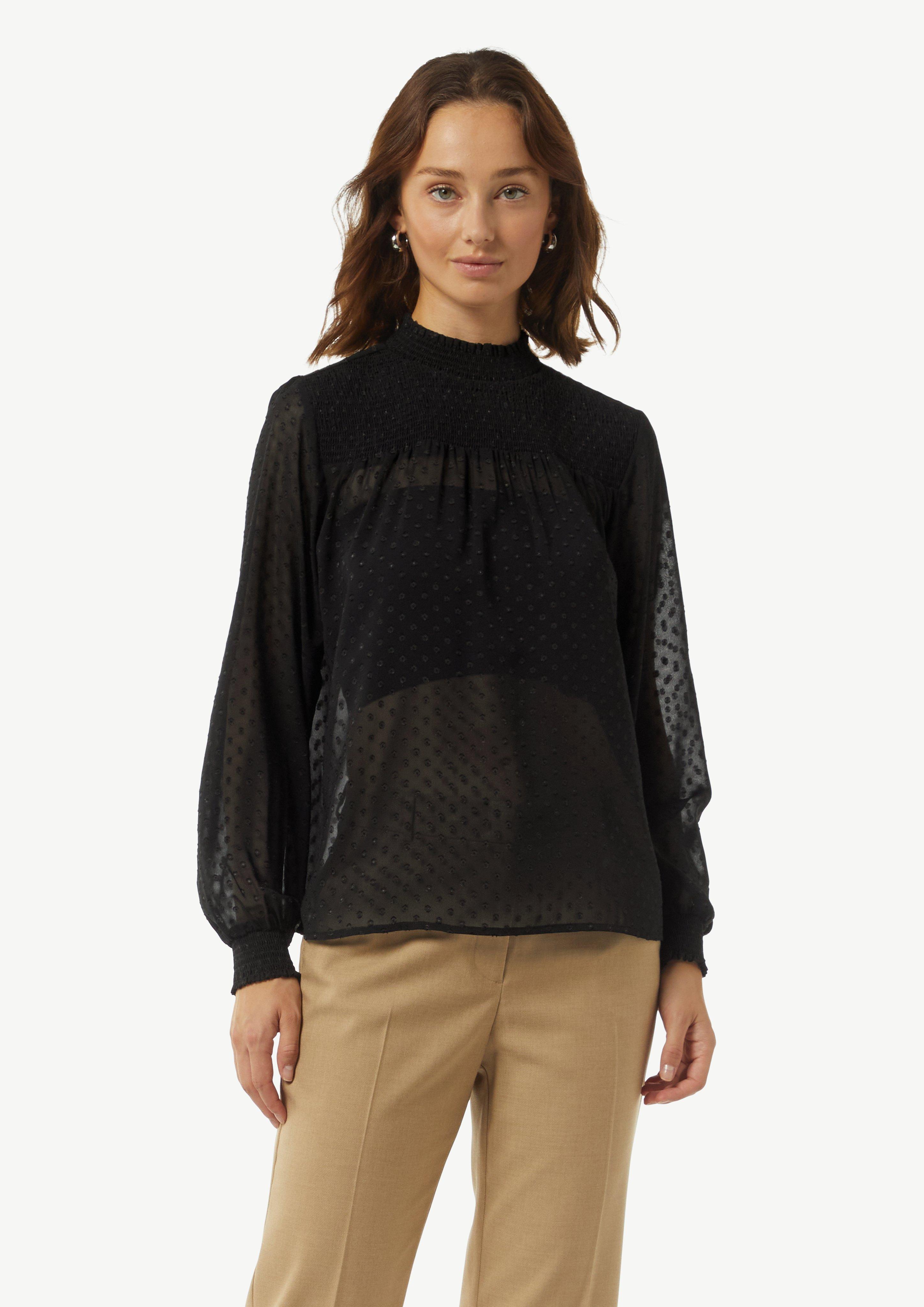 Sheer jacquard blouse with a smocked detail - Black | SCAYLE